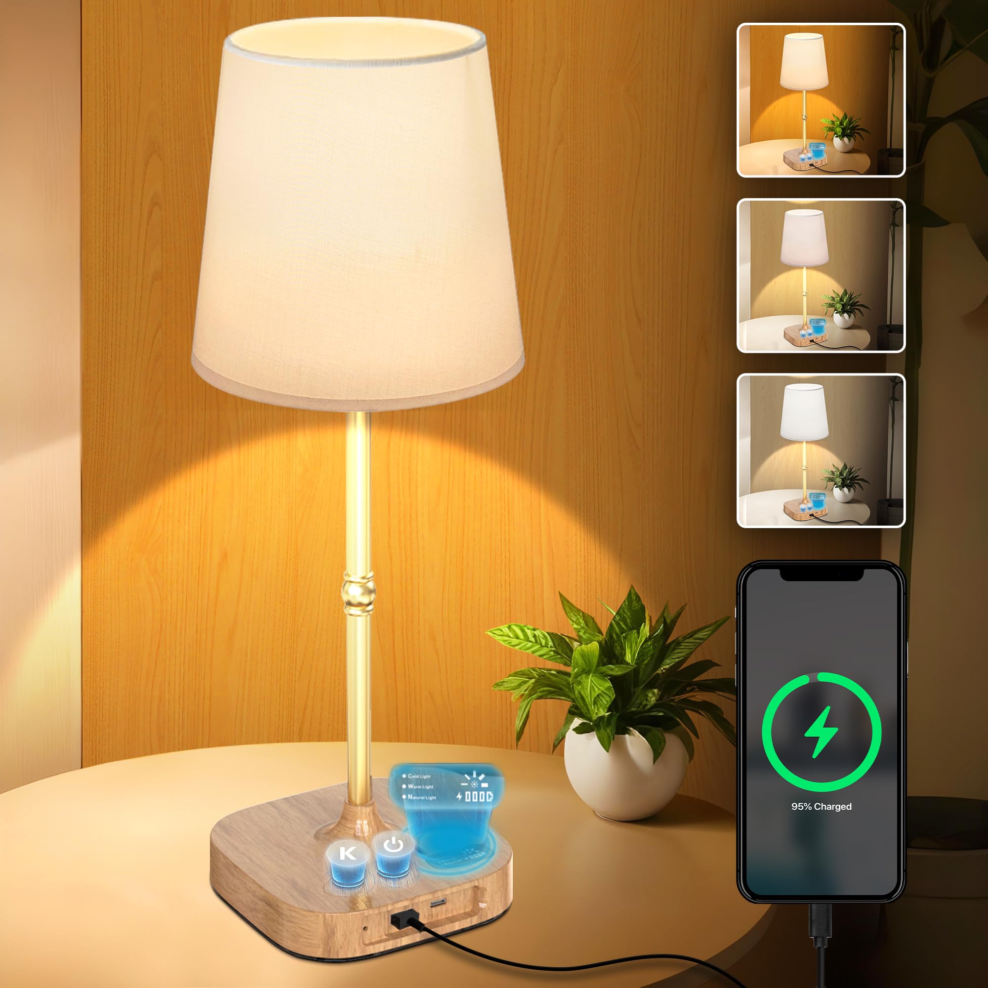 Bedside Table Lamp for Bedroom Living Room 3 Stepless Dimming Touch Lamp for Nightstand 5 Brightness Cordless Table Lamp Recharg