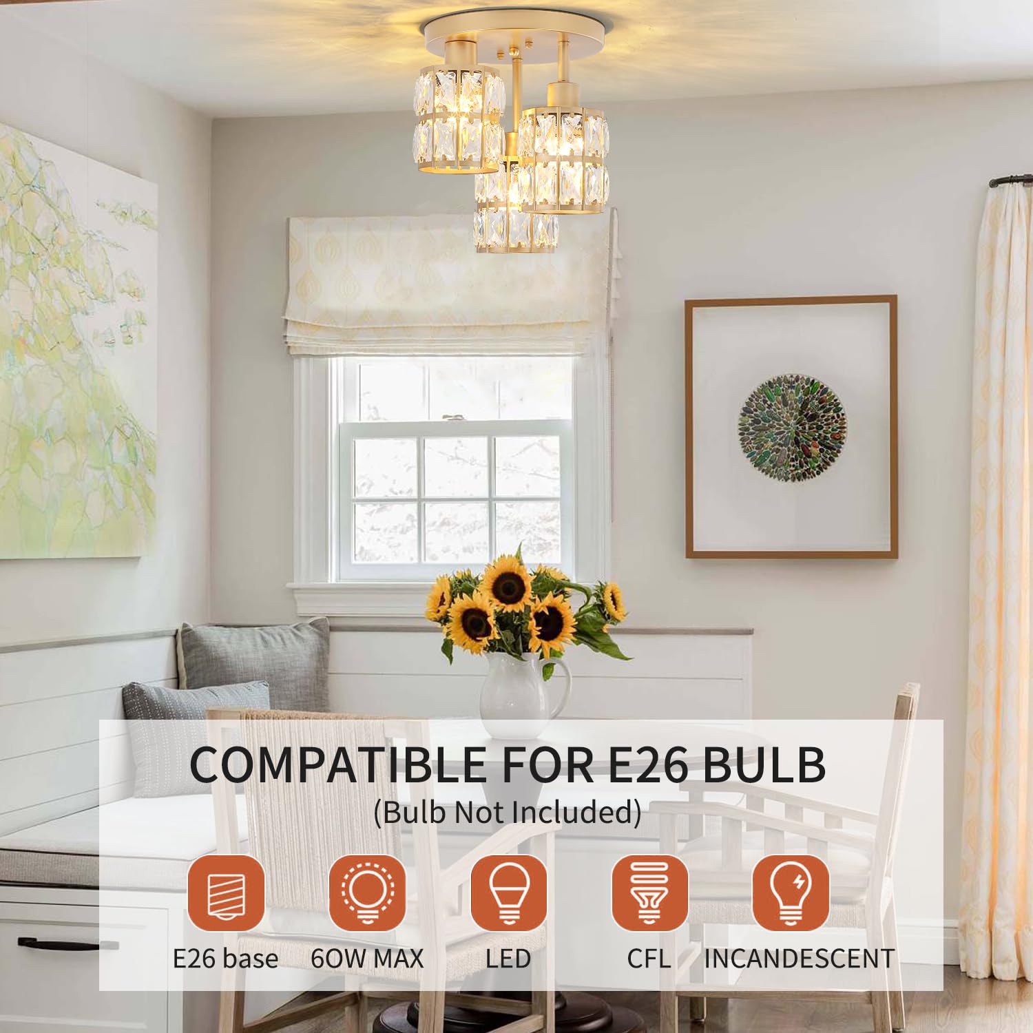 Puzhi Home Elegant Crystal Semi Flush Mount Ceiling Light, Modern 3-Light Chandelier For Dining, Kitchen, Living & Bedroom - Gol