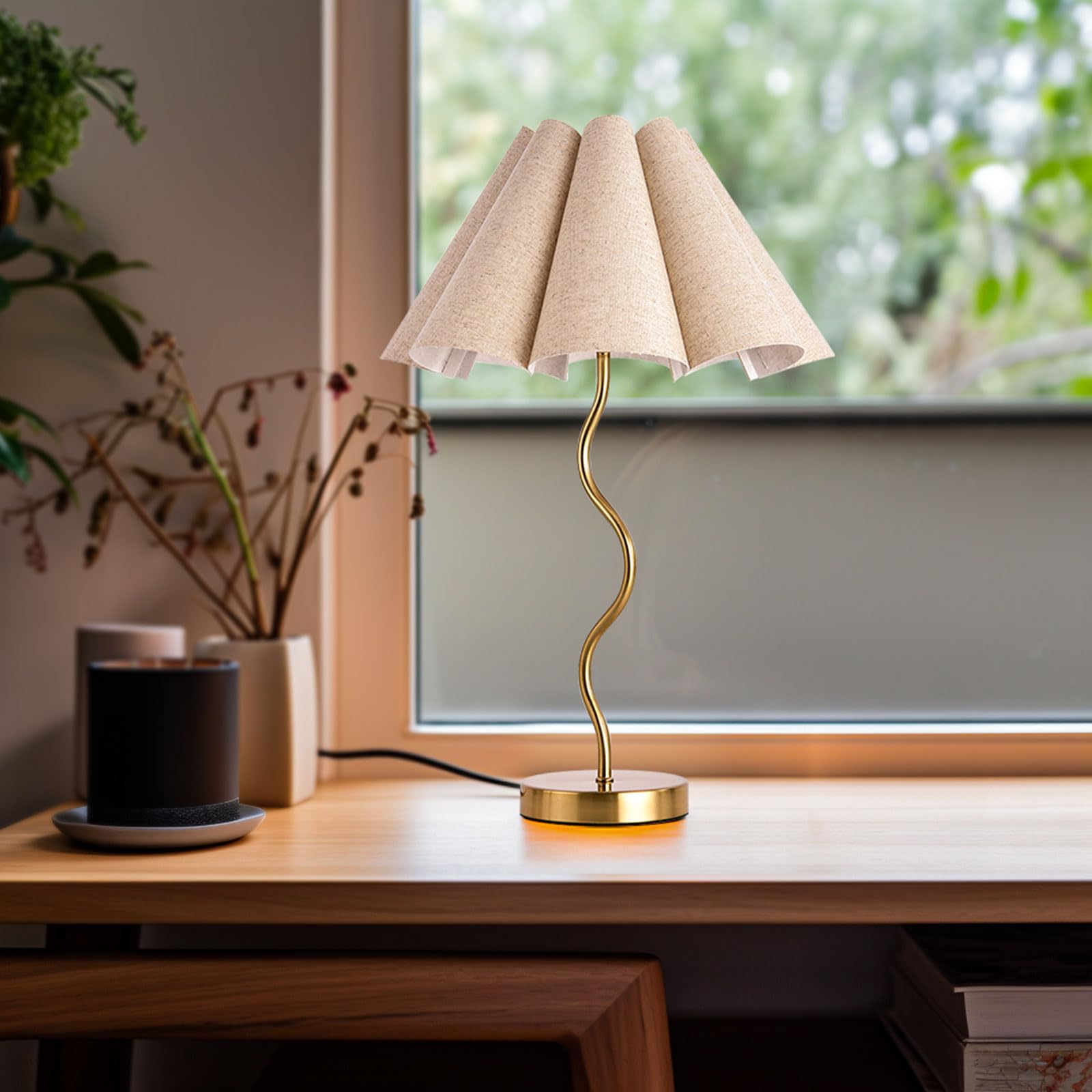 KUNJOULAM Small Table Lamp - Modern Gold Bedside Nightstand Lamp with Umbrella Fabric Shade, Model TL080 for Home Office Decor