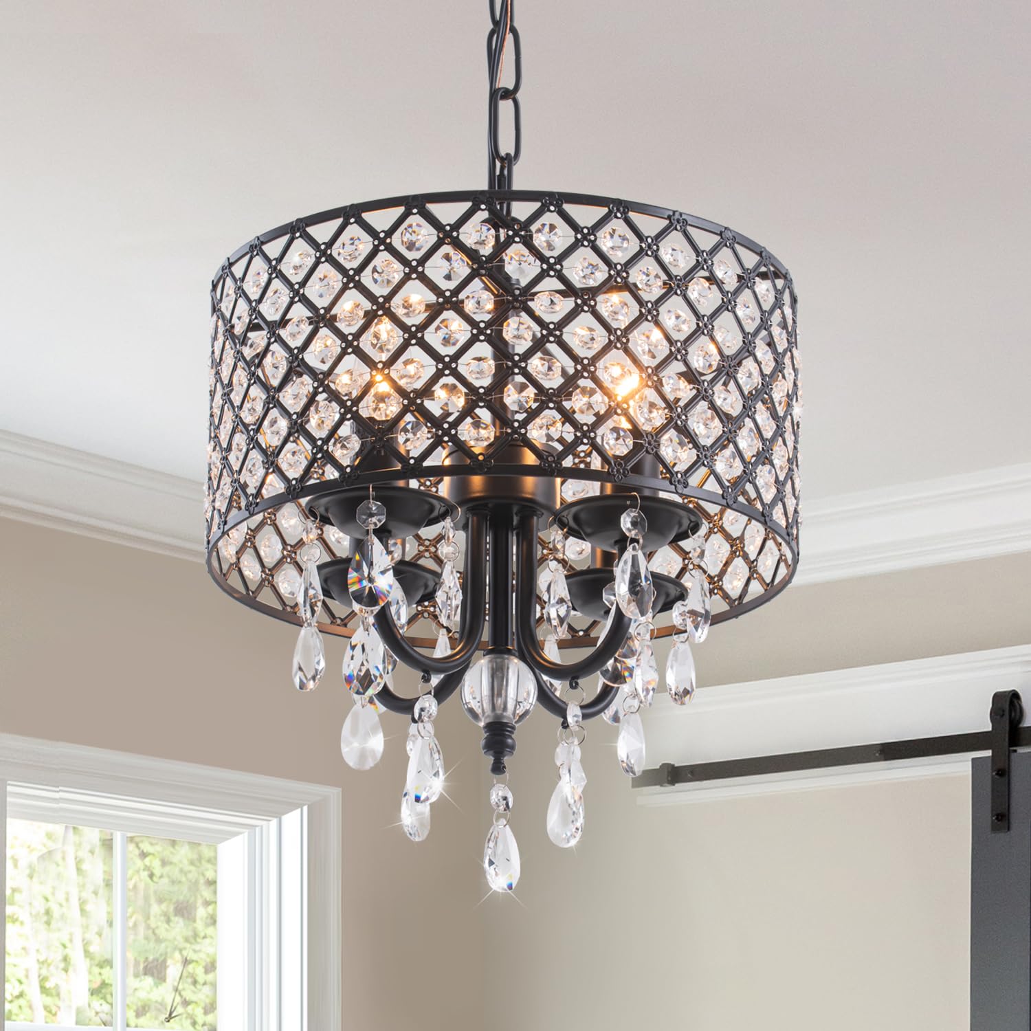 Viluxy Black Crystal Chandelier Modern Ceiling Pendant Light Fixture Drum Raindrop 4-Light Hanging Light For Bedroom Kitchen Isl