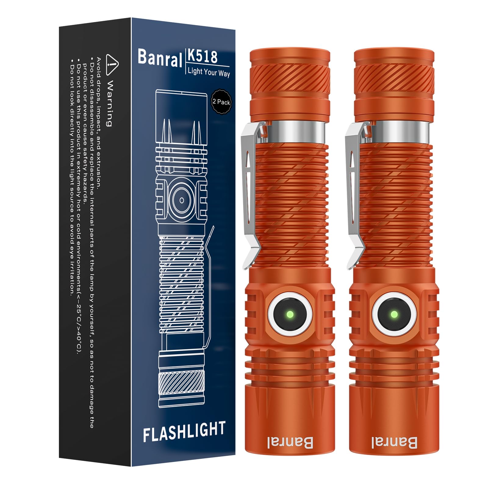 Banral Rechargeable Tactical Flashlight, High Lumens, Mini USB-C, 4 Modes, Waterproof, Aluminum, Model K518, Orange