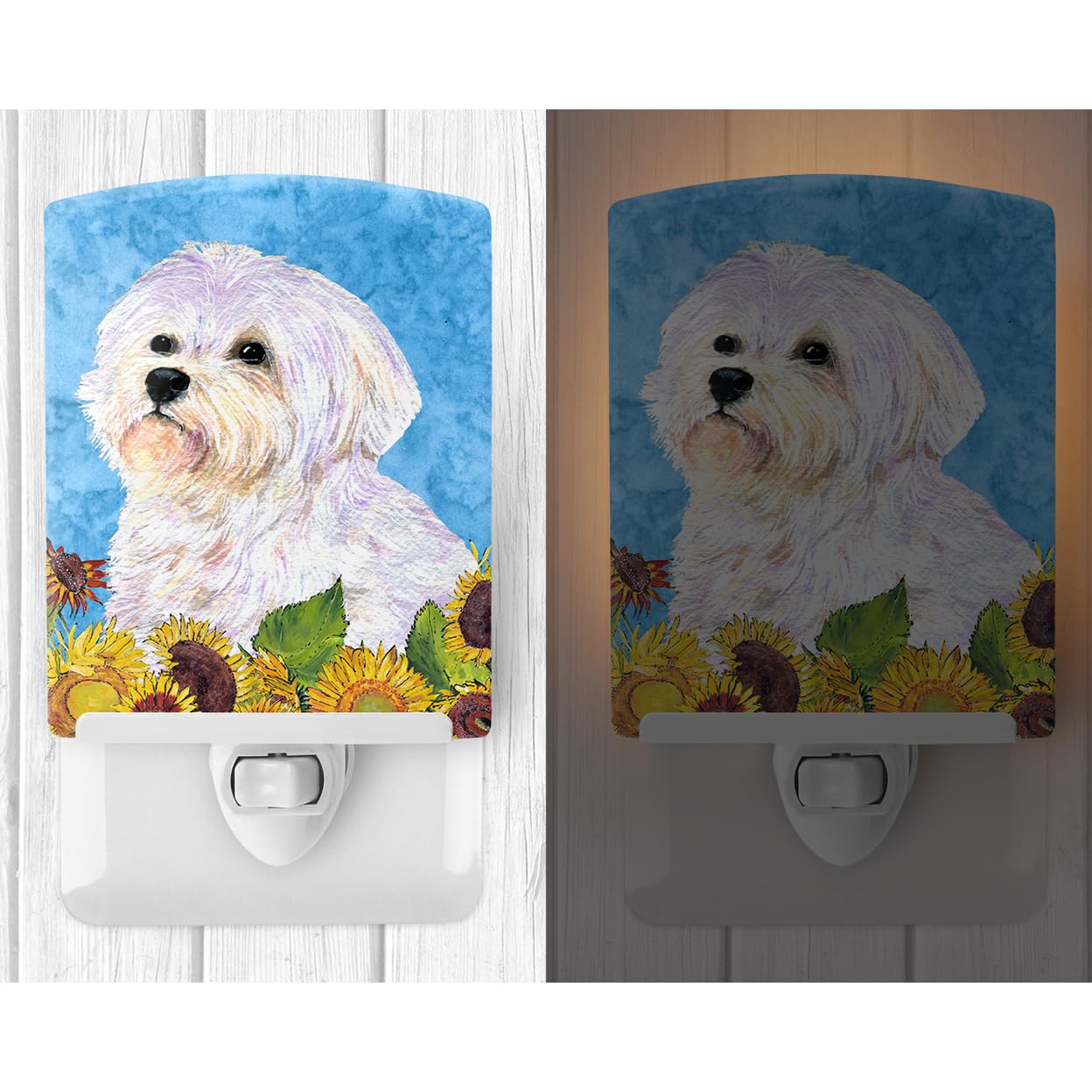 Caroline'S Treasures Ss4114Cnl Maltese In Summer Flowers Ceramic Night Light Compact, Ul-Certified, Ideal For Bedroom, Bathroom, Nursery, Hallway, Kitchen, 6X4X3, Multicolor