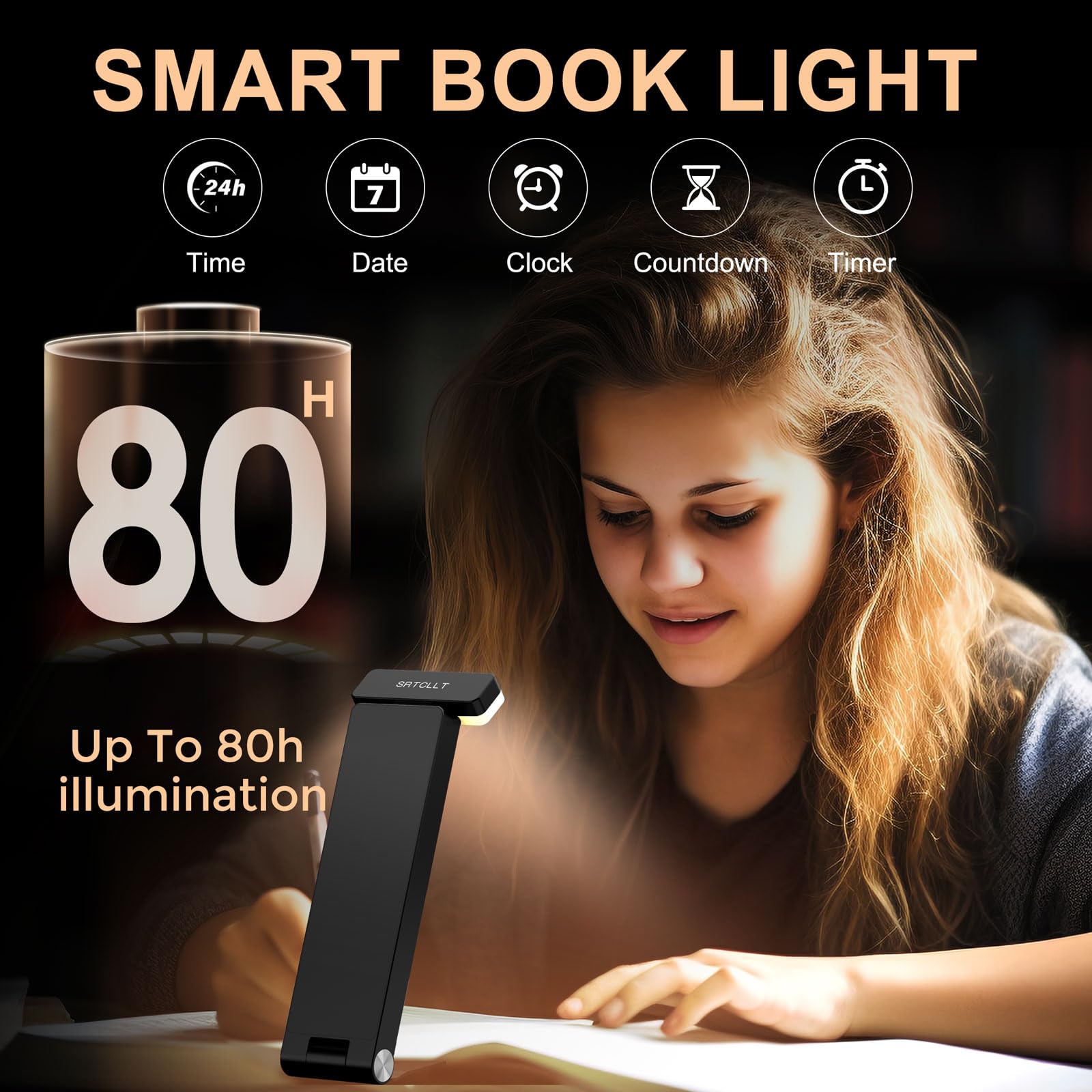 SRTCLLT Book Light, Rechargeable Portable Night Lamp with Timer & LCD Display, 5.32 x 1.97 x 0.47 inches, 5 Dimmer, Model