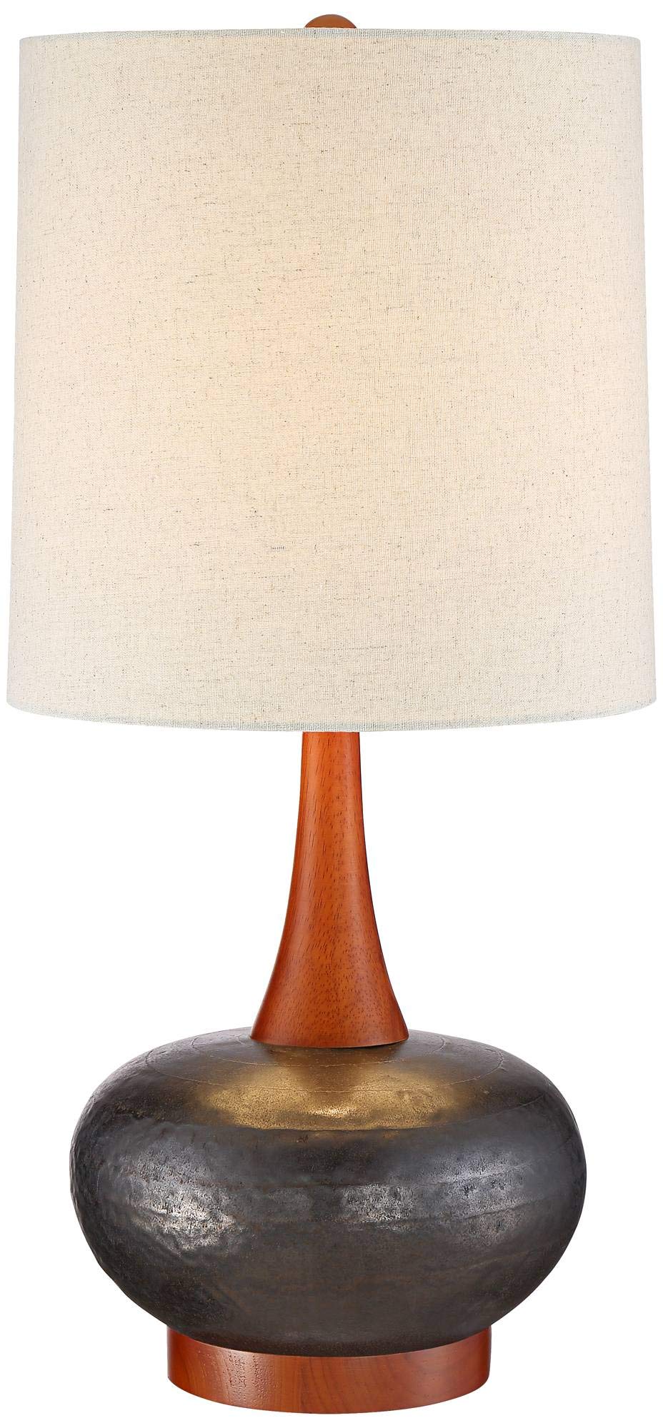 360 Lighting Andi Mid Century Modern Table Lamp 24.5 High Hammered Bronze Ceramic Wood Off White Tall Drum Shade For Living Room