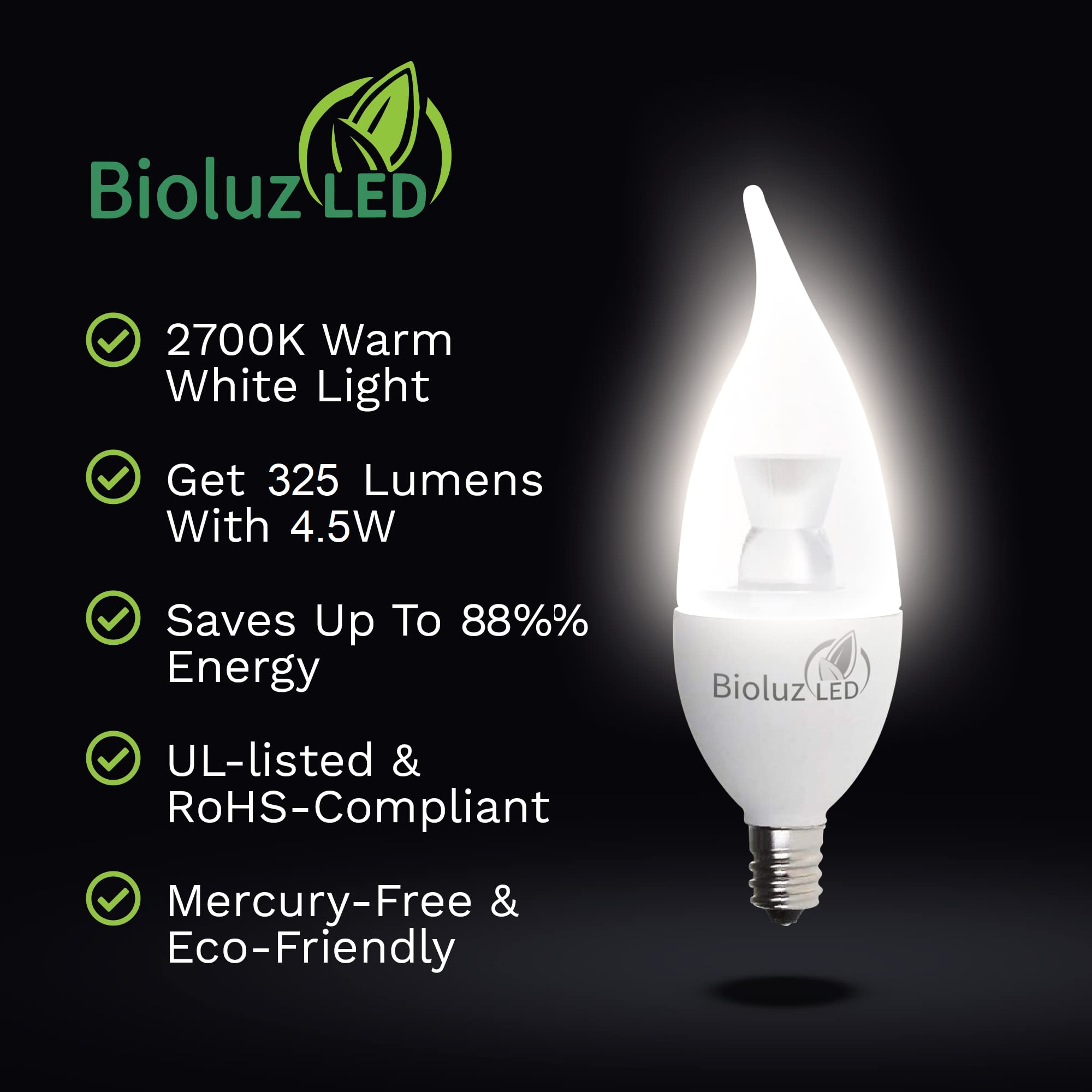 Bioluz LED 6 Pack Dimmable Flame Tip Candelabra Bulbs, 40W (4.5W), E12 Base, Warm White 2700K, Glass, Indoor