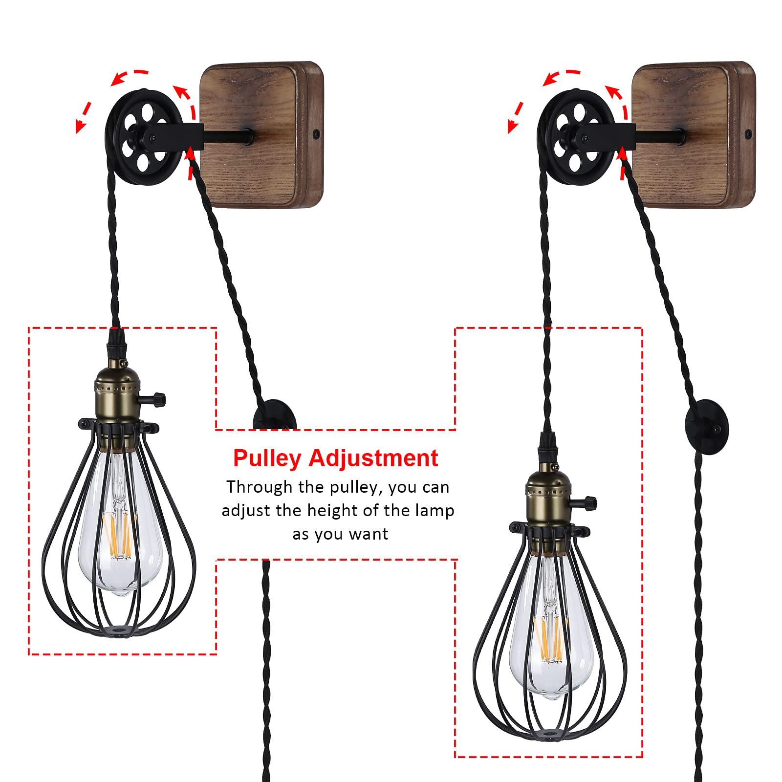 Injak Industrial Plug-In Wall Sconce, Adjustable Height Black Metal Cage Light For Home Decor