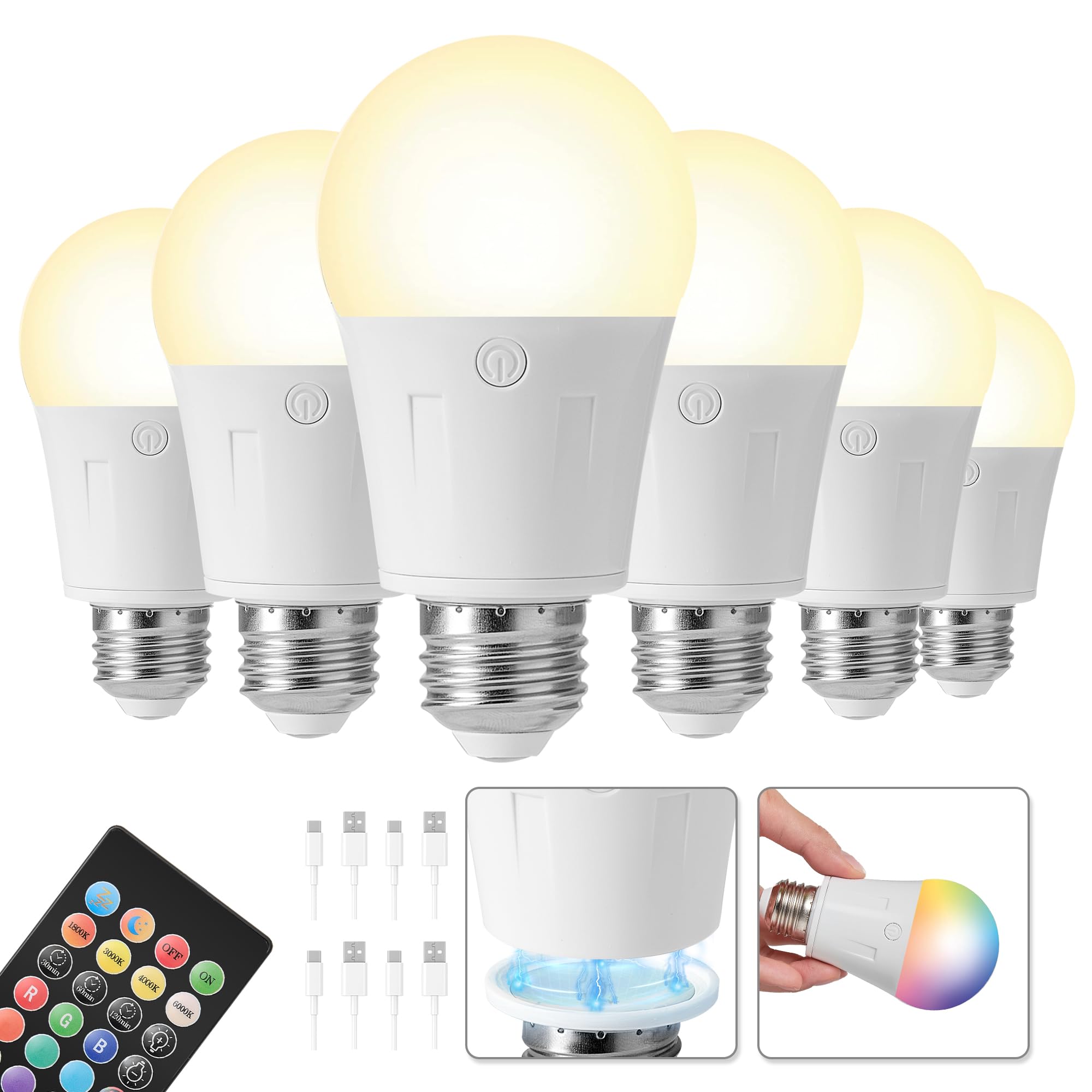KARTOOSH Rechargeable LED Light Bulbs, E26, Dimmable, 4 Color Temperatures, Remote Control, 6 Pack, White, Model RS323B6-N1