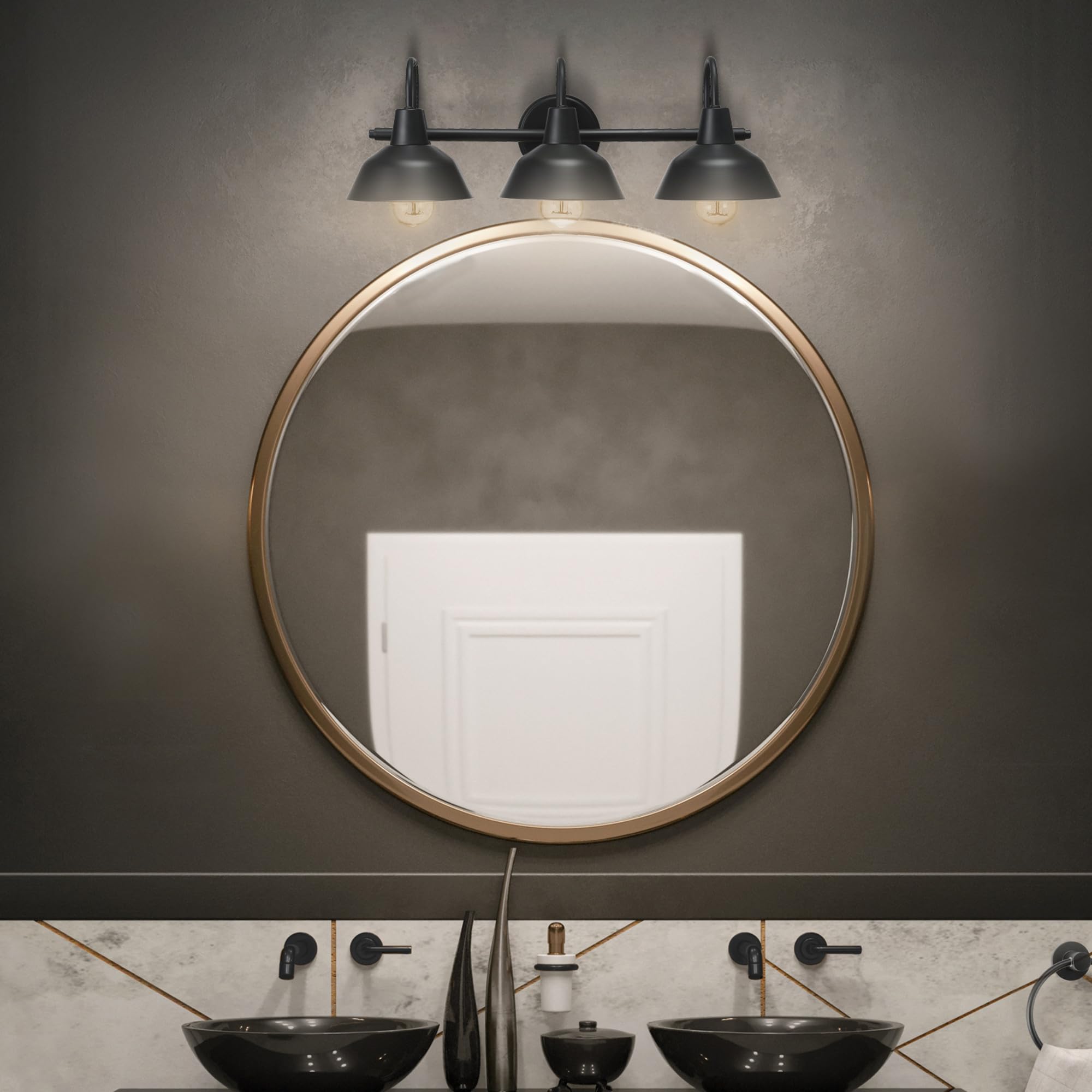 Globe Electric 65554 Barnyard 3-Light Vanity Light, Metal, Matte Black, White Shades