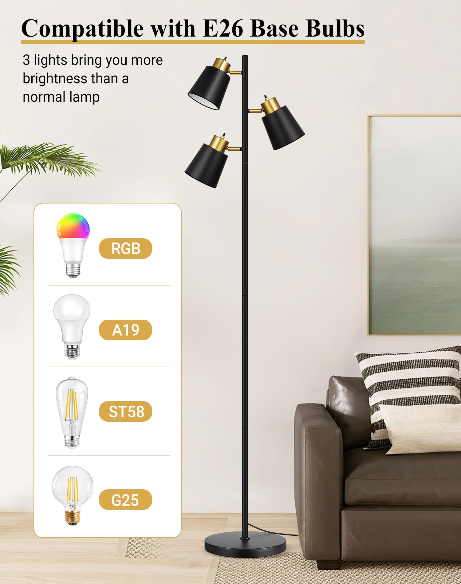 Qimh Tree Floor Lamps For Living Room, 67'' Modern Standing Floor Lamp With 3 Led Bulb, Industrial Tall Lamp Reading Lighting Fo