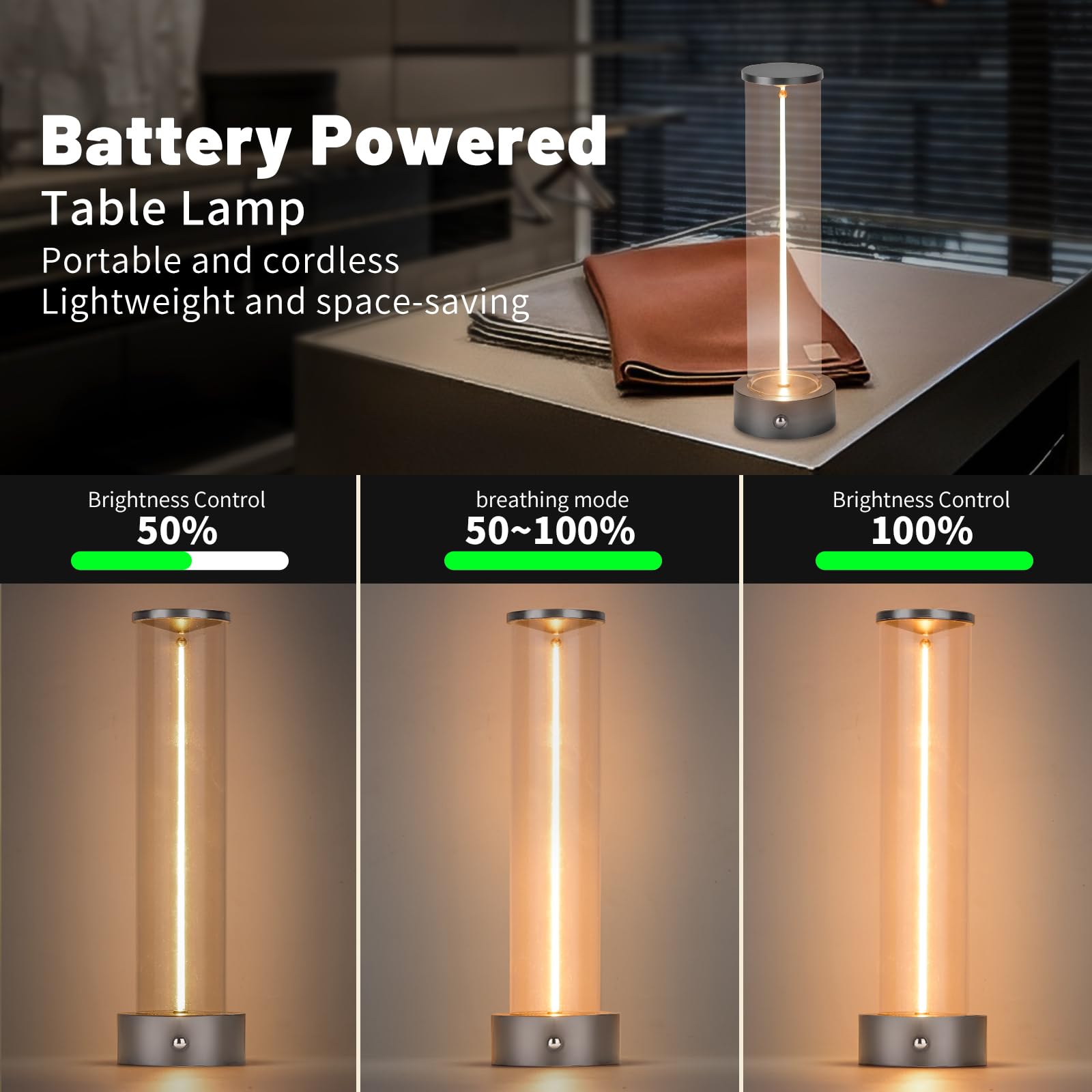 Cordless Portable Led Table Lamp, Rechargeable Battery Operated Desk Lamp With Touch Sensor, Three-Level Dimmable Suitable For B