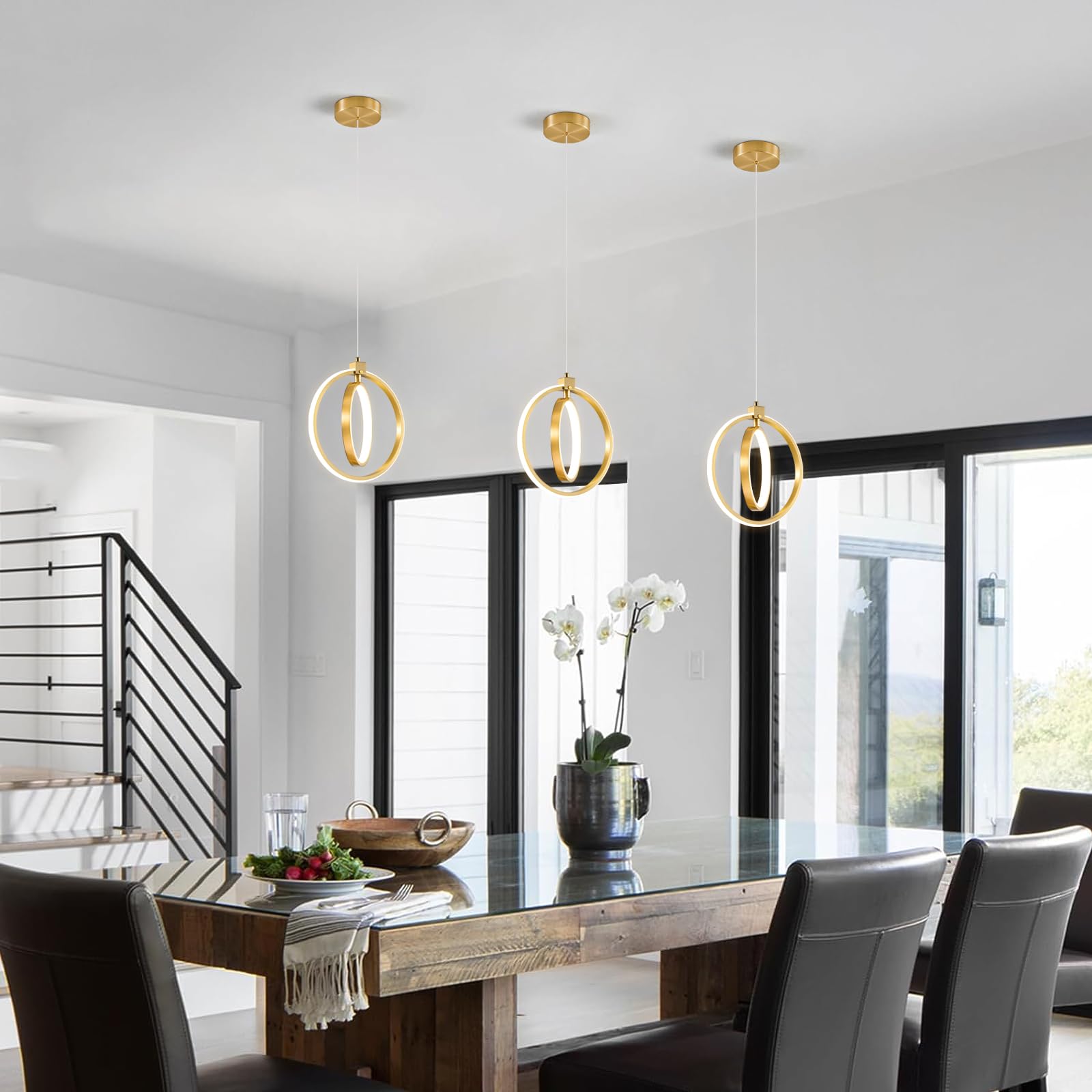 BNHHLZ Modern LED Chandelier, Gold Ring Pendant Light, 4000K Dimmable, Height Adjustable, Round 3-Pack for Dining Room, Kitchen, Bedroom