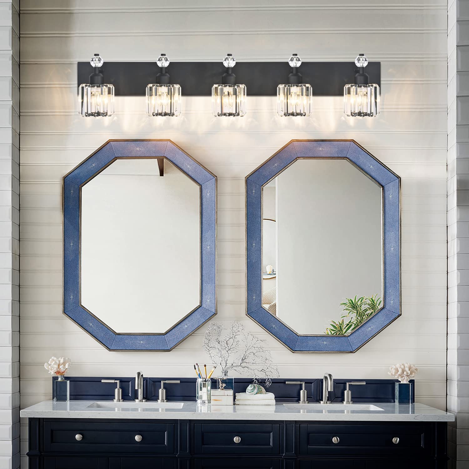 PRESDE Modern Black Crystal Bathroom Vanity Light Fixture, 5 Lights, Matte Black Metal, Wall Sconce for Over Mirror