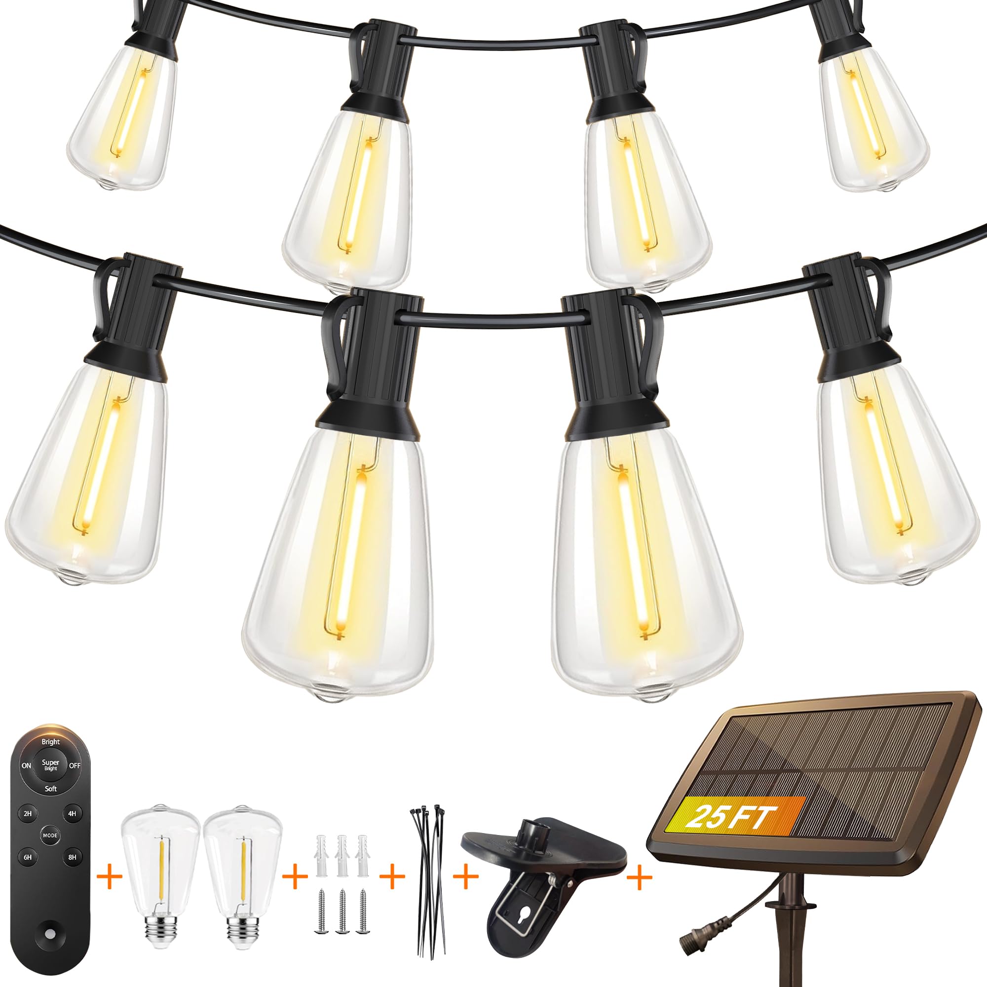 BLIATLUS 25FT Solar String Lights Outdoor Waterproof with Remote Control 8+2 Shatterproof LED ST38 Bulbs for Porch Garden Market