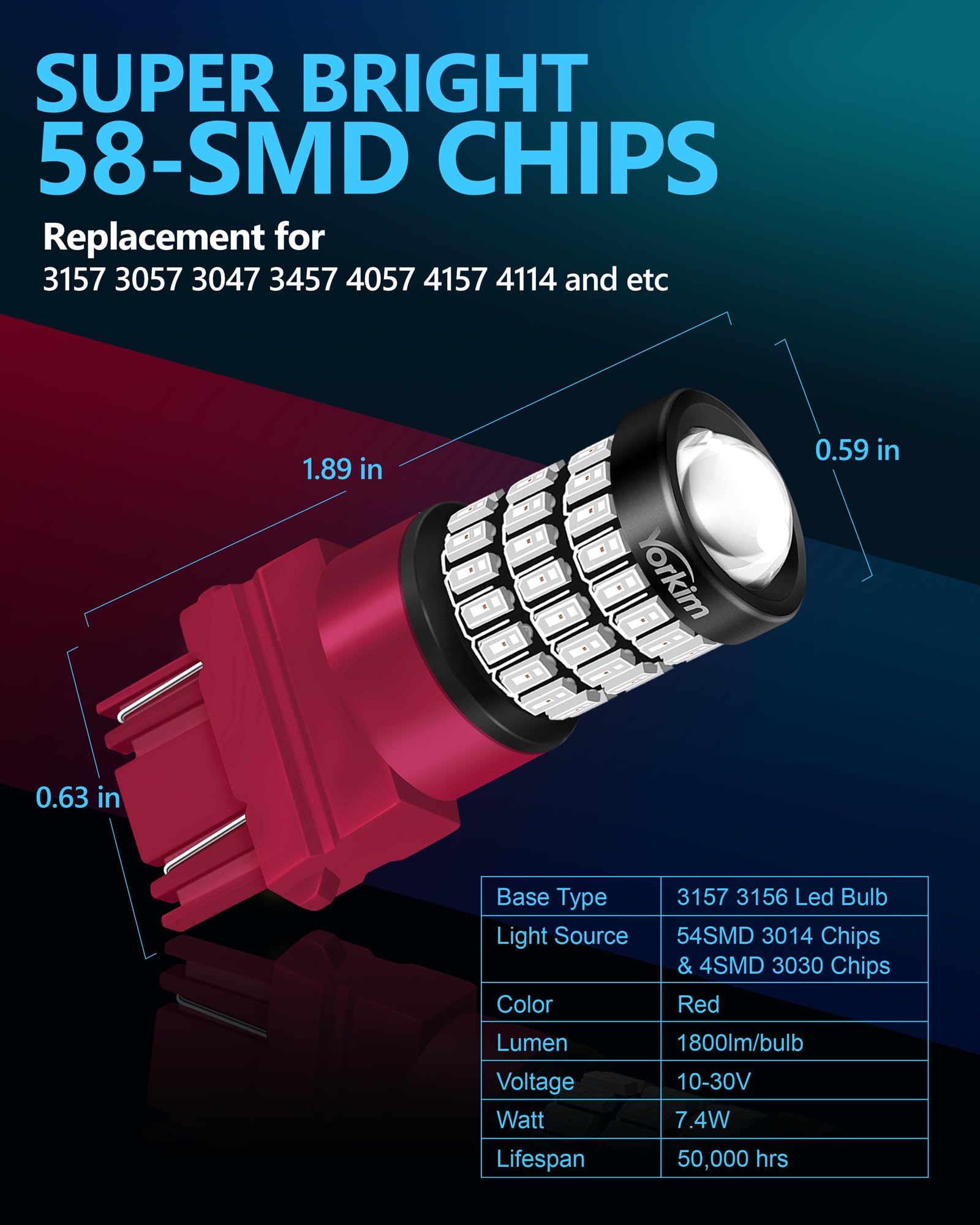 Yorkim 3157 Led Bulb Red 3157 Led Brake Lights Bulb 3157 Led Tail Lights 3157 Led Blinking Brake Lights With Projector 3156 Led Bulb Red 3056 3156 3057 4057 4157 T25 Led Bulbs Red, Pack Of 2