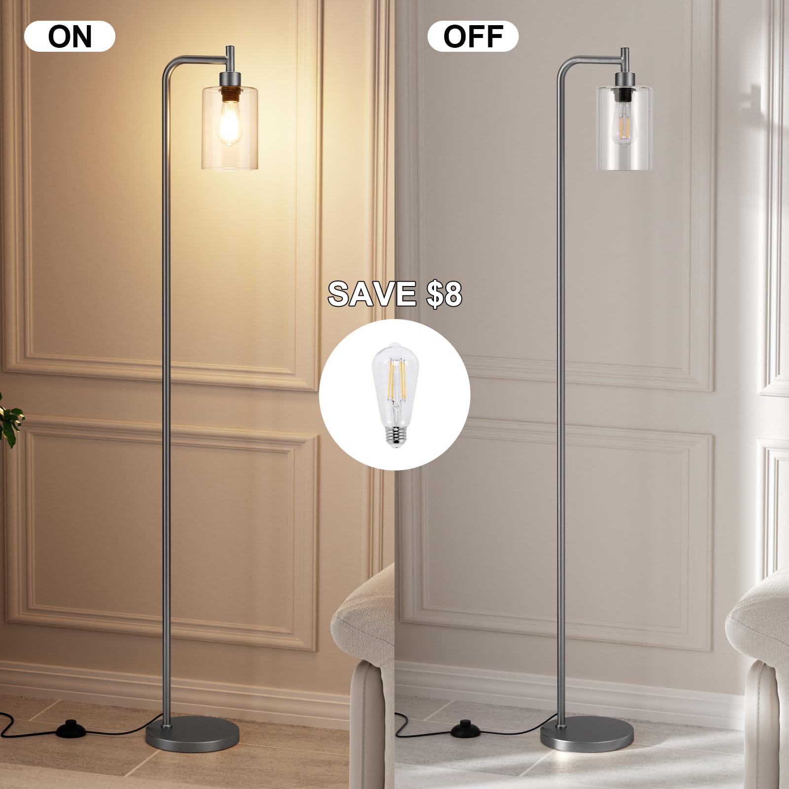 Ziisee Floor Lamps For Living Room - Industrial Standing Lamp With Glass Shade, Modern Grey Floor Lamp With Led Bulb, Farmhouse