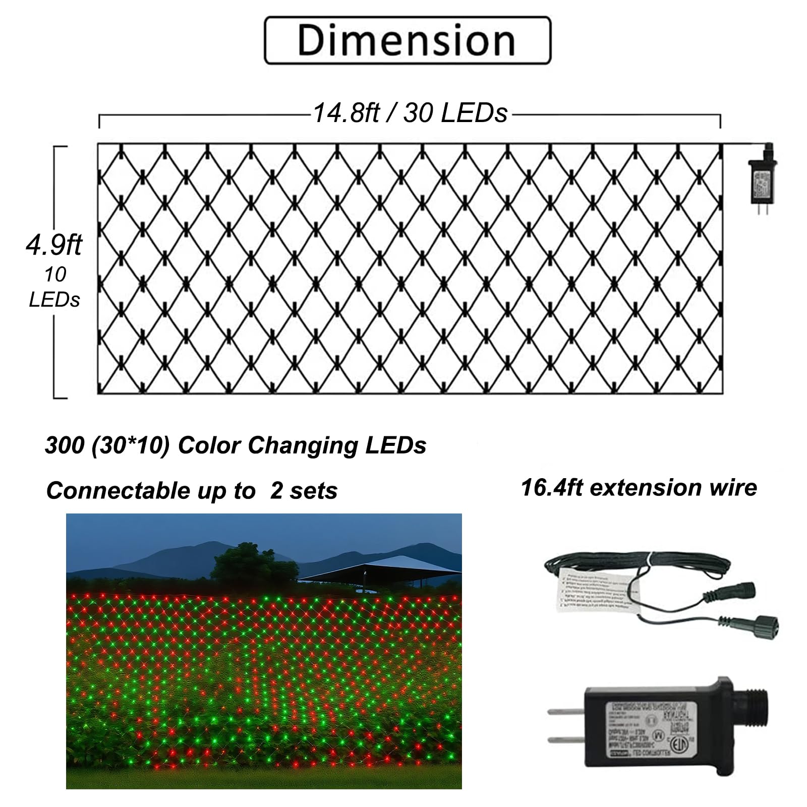 Pooqla Christmas Net Lights, 300 LED Outdoor Mesh Lights, 14.8x4.9 ft, Green Wire, Waterproof, Red and Green
