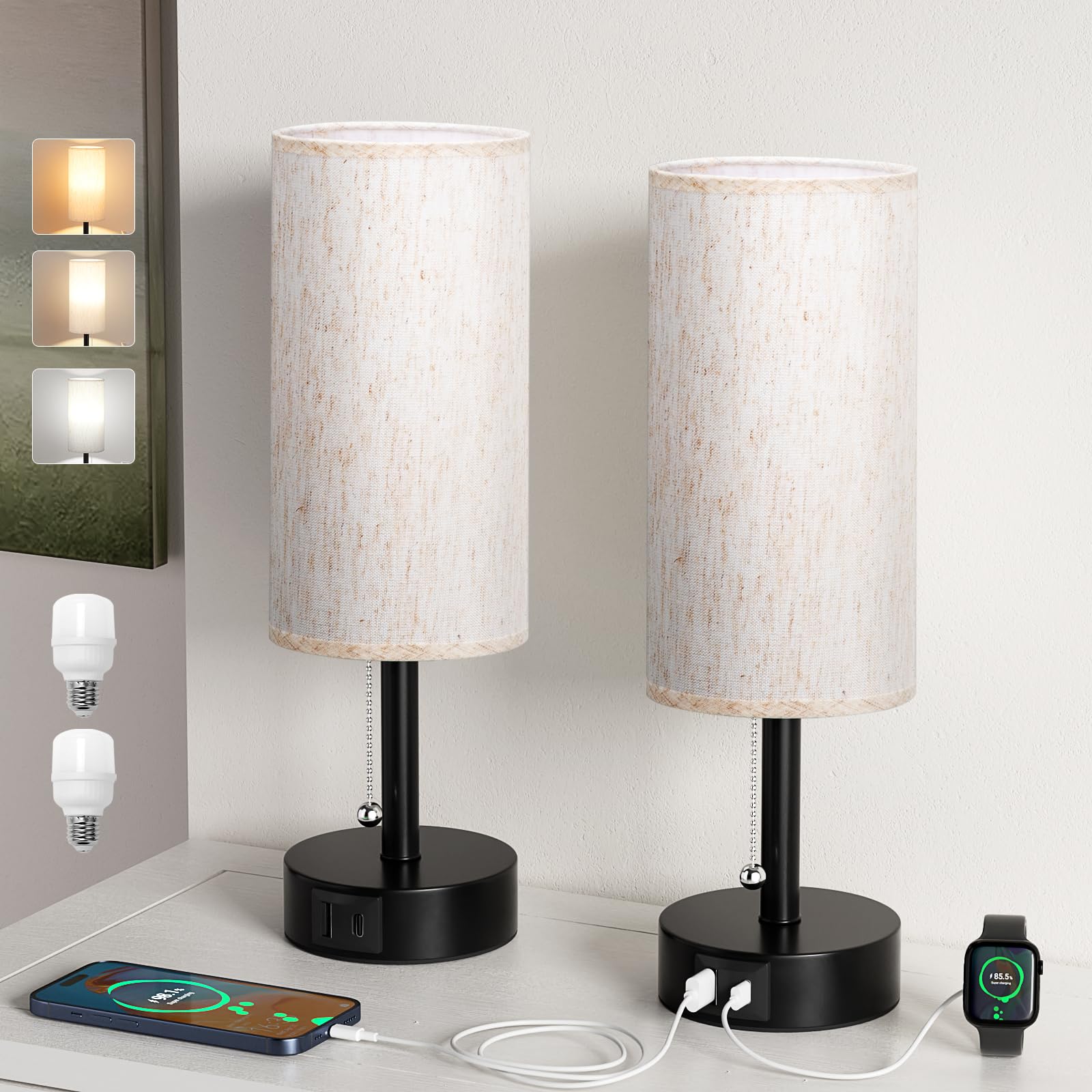 Fenmzee USB Bedside Table Lamps Set of 2-3 Color Temperatures Pull Chain Lamp with USB C and USB A Charging Ports, Two Round Nig