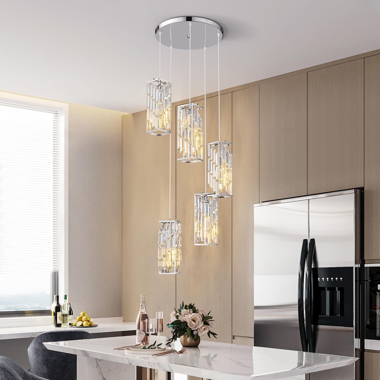 FDPBY Chrome Mini Crystal Pendant Light - 5-Light Adjustable Fixture for Kitchen Island & Dining Room, Model JP-002