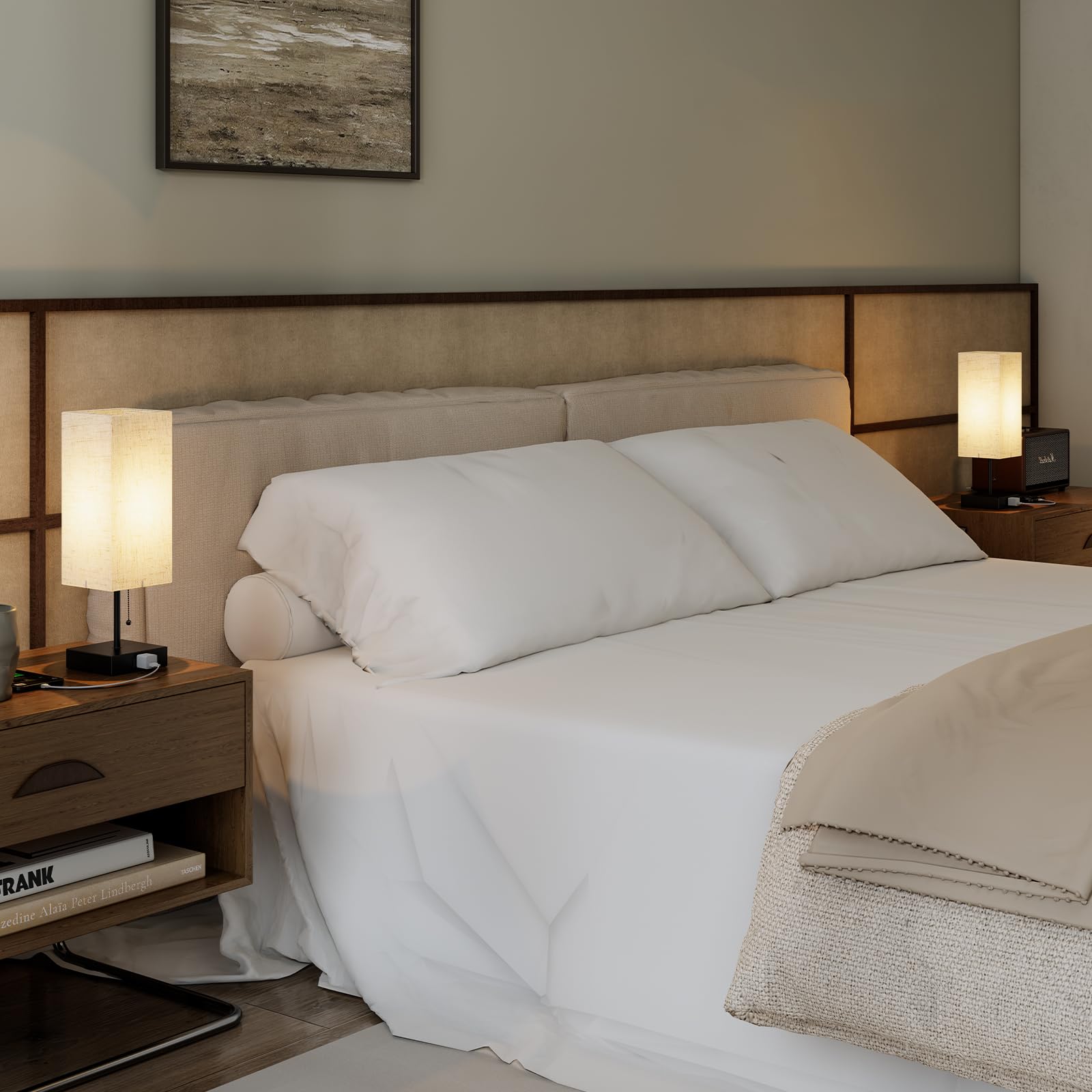 YIDPU Table Lamp for Bedroom, Adjustable 3-Color LED Light, Linen White, 1PCS, Includes Bulb and Shade