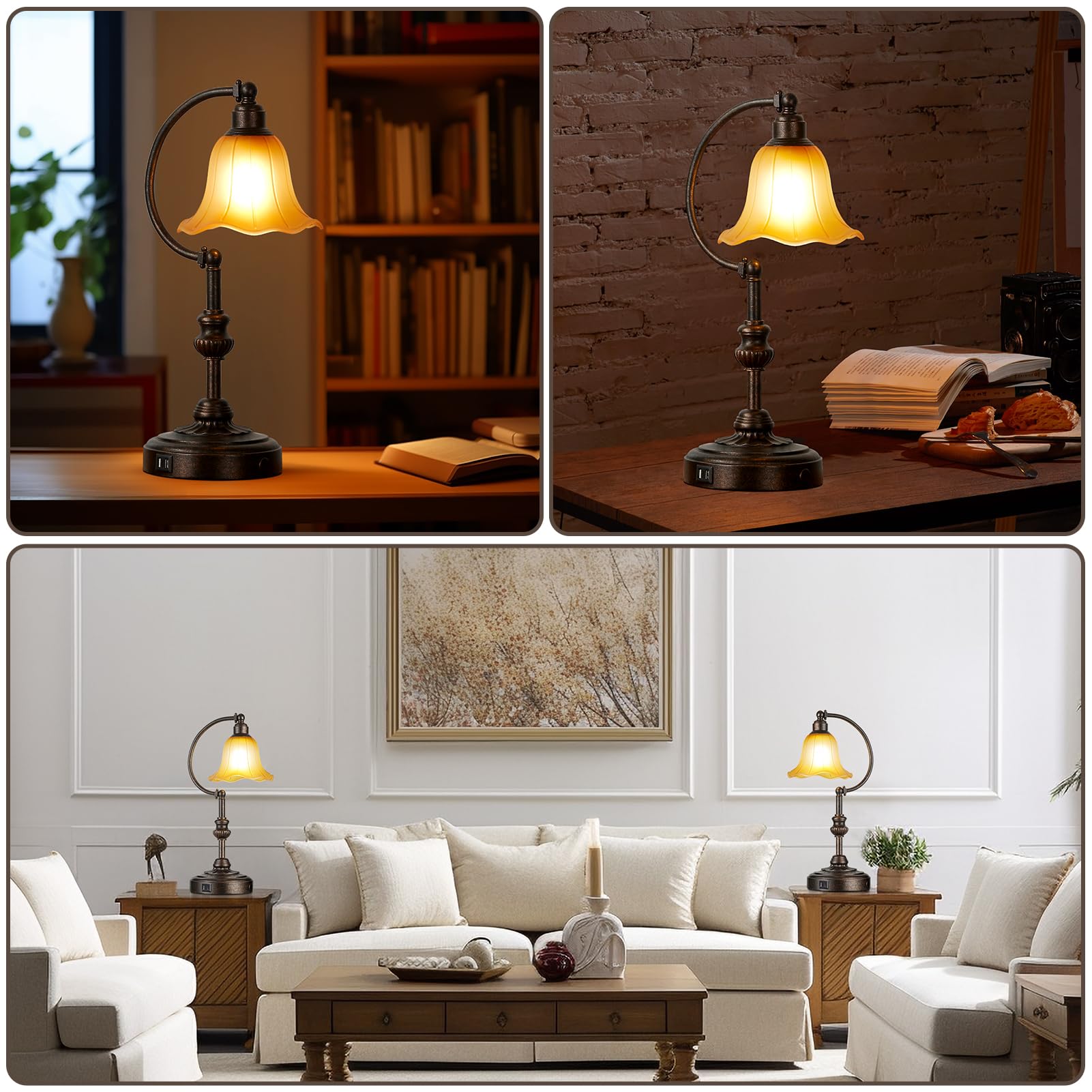 RORIA Touch Farmhouse Table Lamp, 3-Way Dimmable, Bronze Metal, USB Ports, Vintage Amber Glass Shade, Model LM-8922