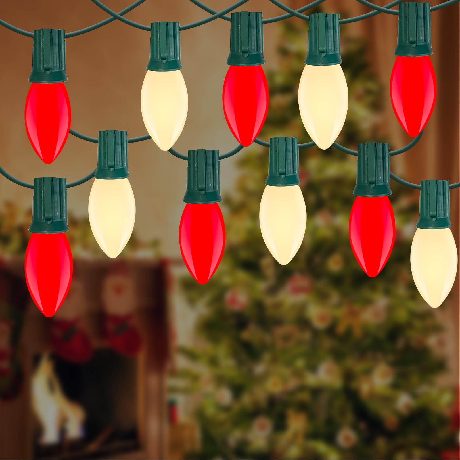 Red and White LED Christmas Lights,25FT Vintage C9 Red White Christmas Lights Outdoor with 26 LED Bulbs,Commercial Extendable Ch