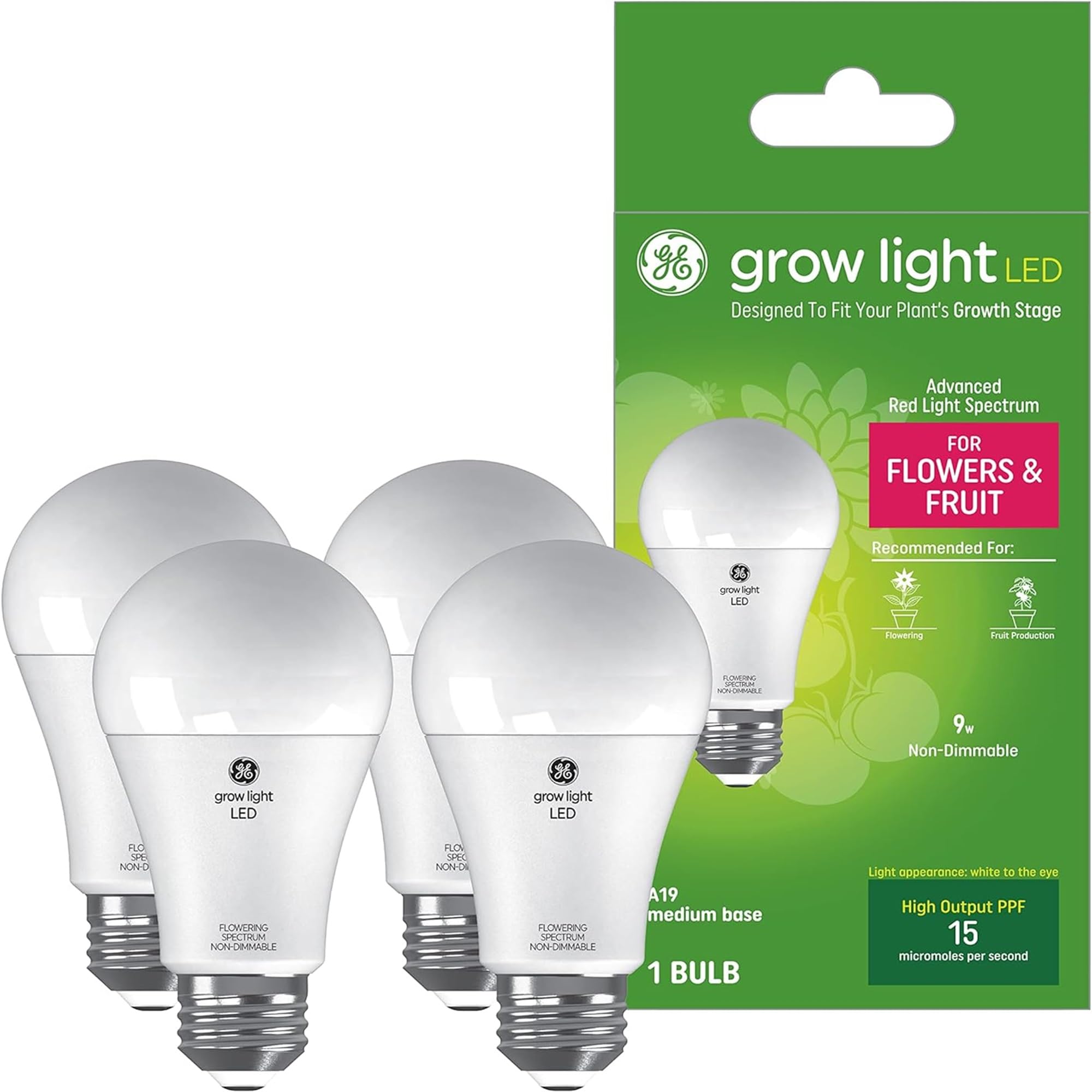 GE Grow LED Light Bulb  for Flowers and Fruit  Advanced Red Light Spectrum  Medium Base  A19 Bulb Shape (Pack of 4)