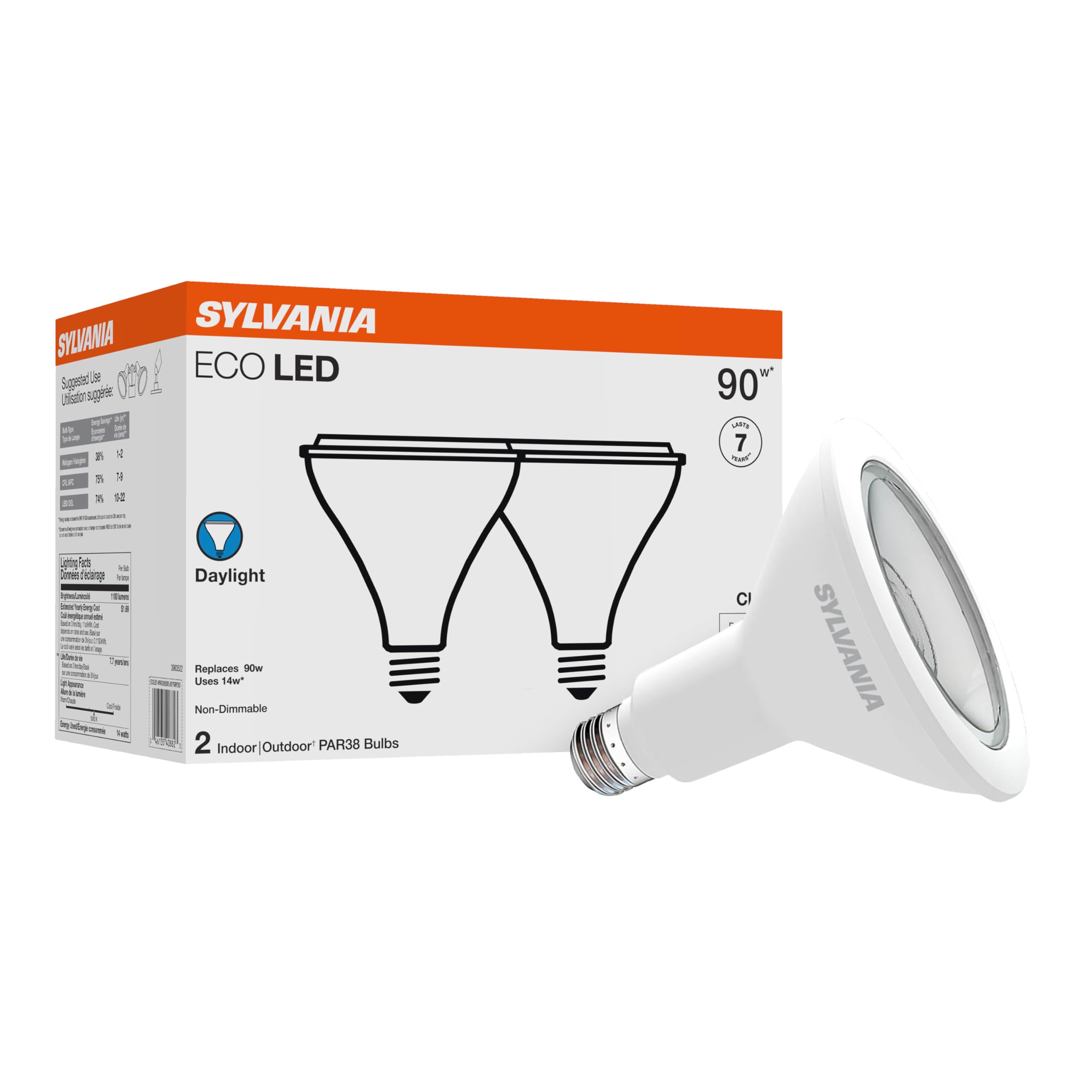 Sylvania Eco Led Par38 Light Bulb, 90W = 14W, 7 Year, Non-Dimmable, 1100 Lumens, Clear, 5000K, Daylight - 2 Pack (40882)
