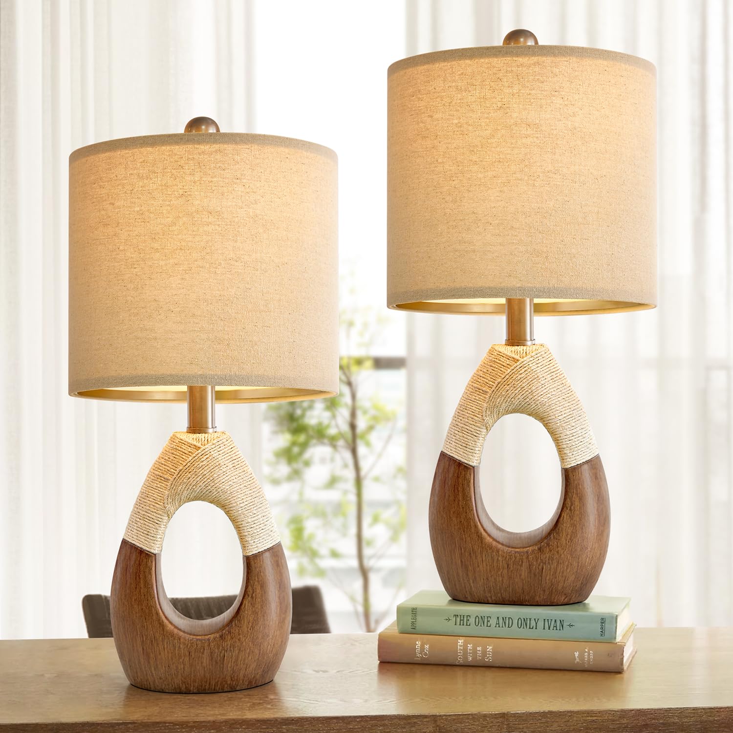 OYEARS Boho Table Lamps Set of 2, 19" Rustic Egg Design, Brown Rattan, Ideal for Small Spaces, Nightstand Bedside Lighting, Model AMZ-T1085WO
