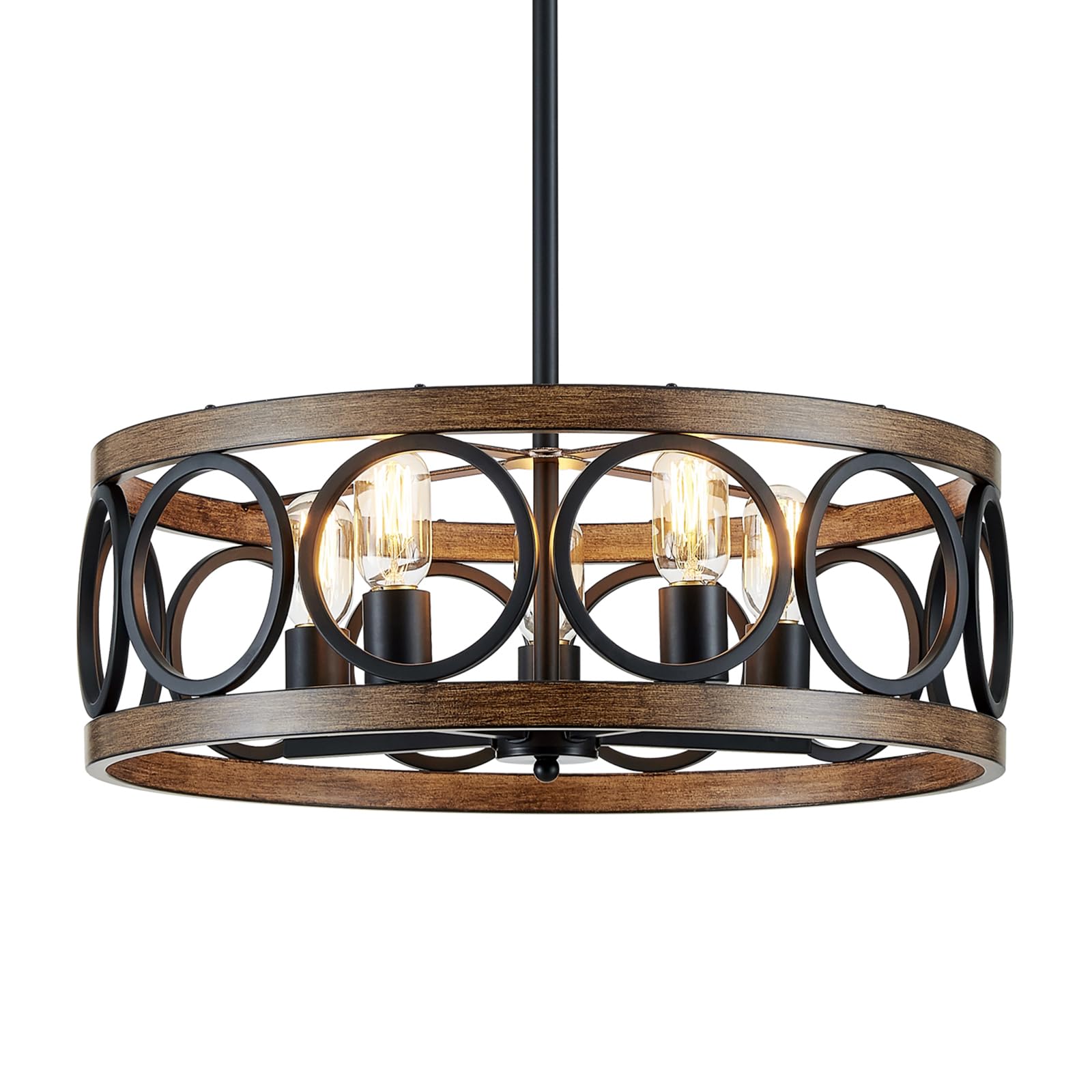 Xingqi Dining Room Chandelier 5-Light Black Modern Chandelier 21.7'' Farmhouse Drum Pendant Light Fixture For Living Room Kitchen Island Bedroom Office With Wood Grain Finish