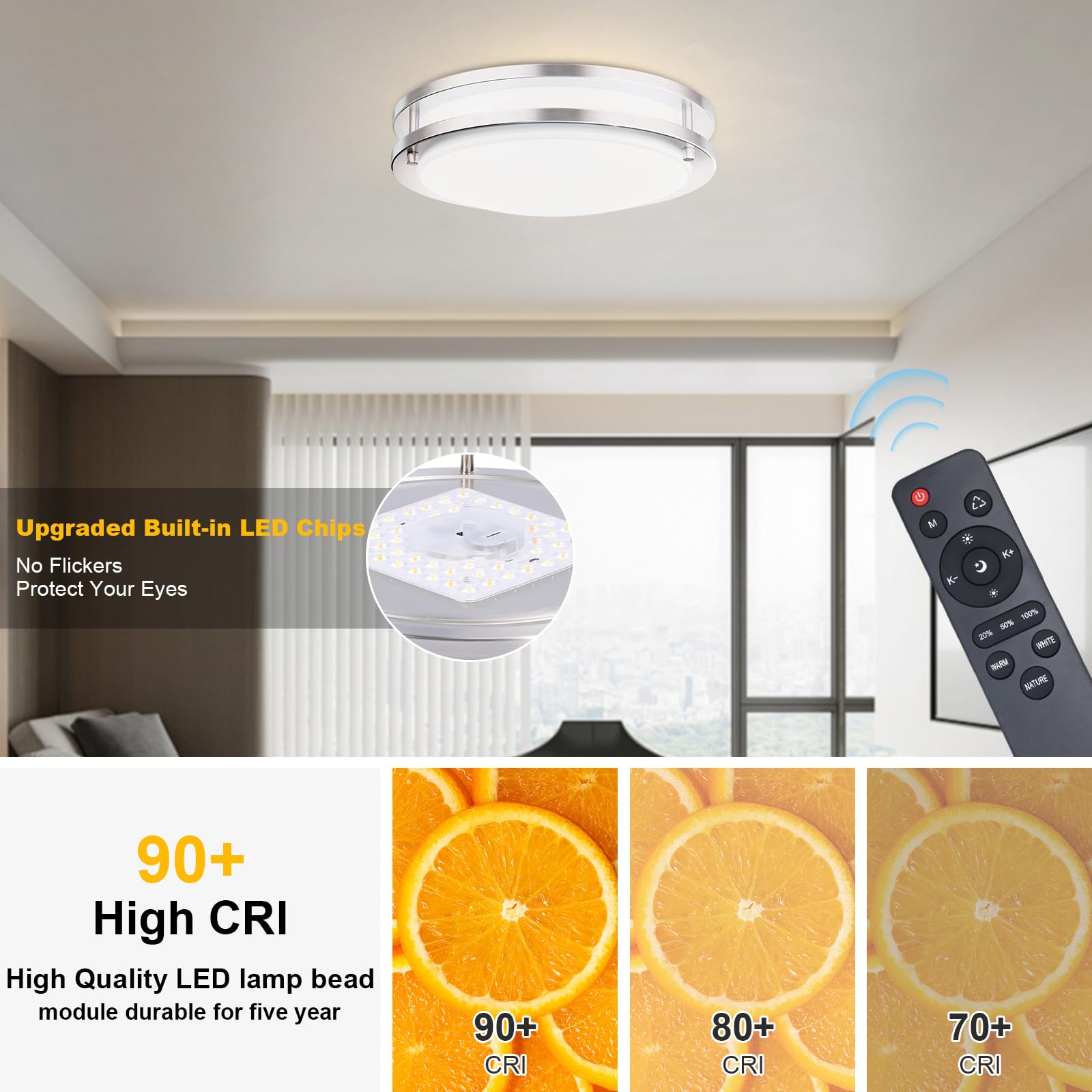Kalium Led Ceiling Light With Remote 13 Inch Flush Mount Ceiling Light Fixture, 24W 3000K-6000K Adjustable Color Temperature, Di