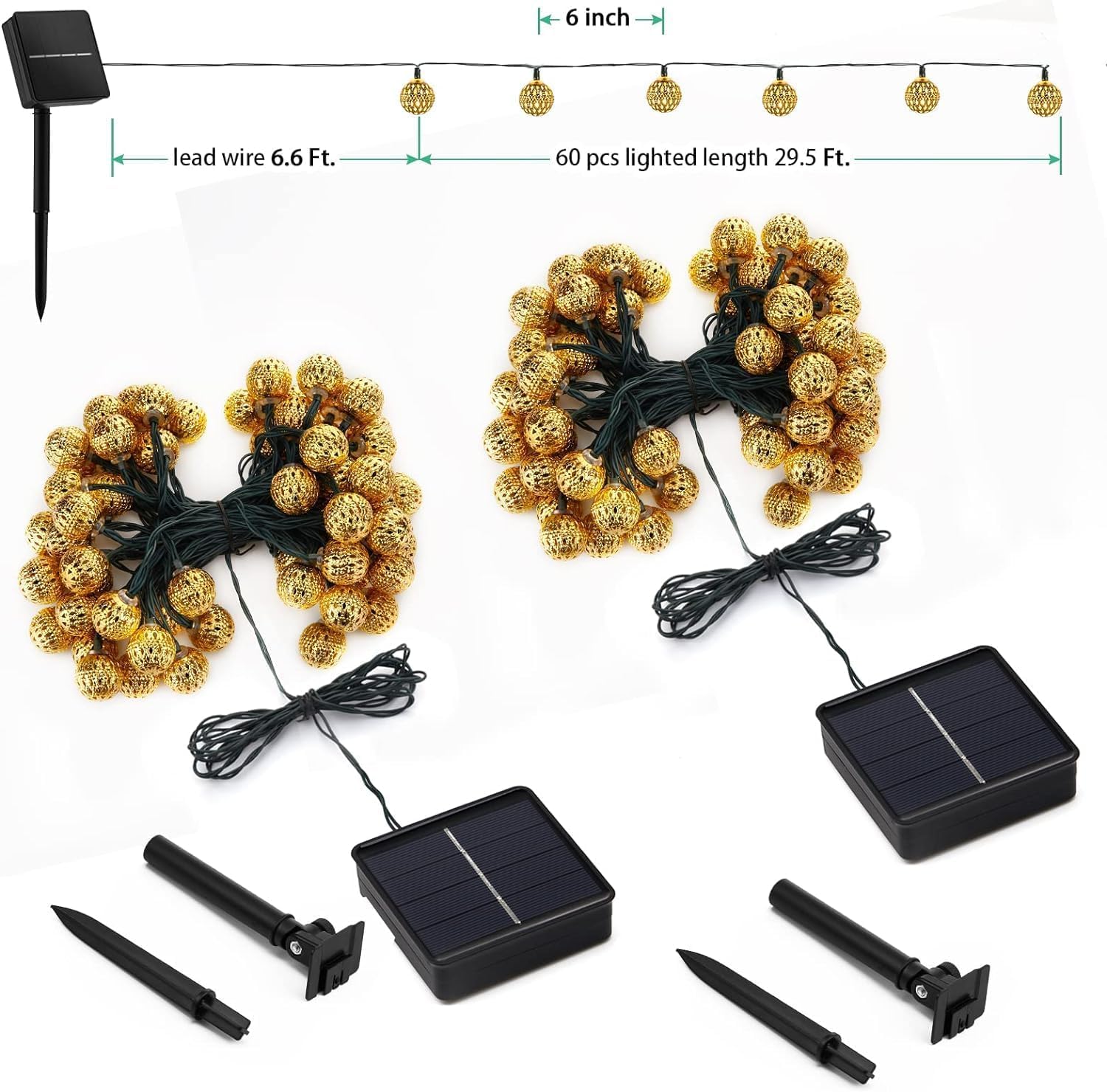 Brightown Solar Moroccan String Lights, 60 LED 36 Ft Waterproof Globe Fairy Lights, 8 Lighting Modes for Garden, Party, Holiday (Warm White)