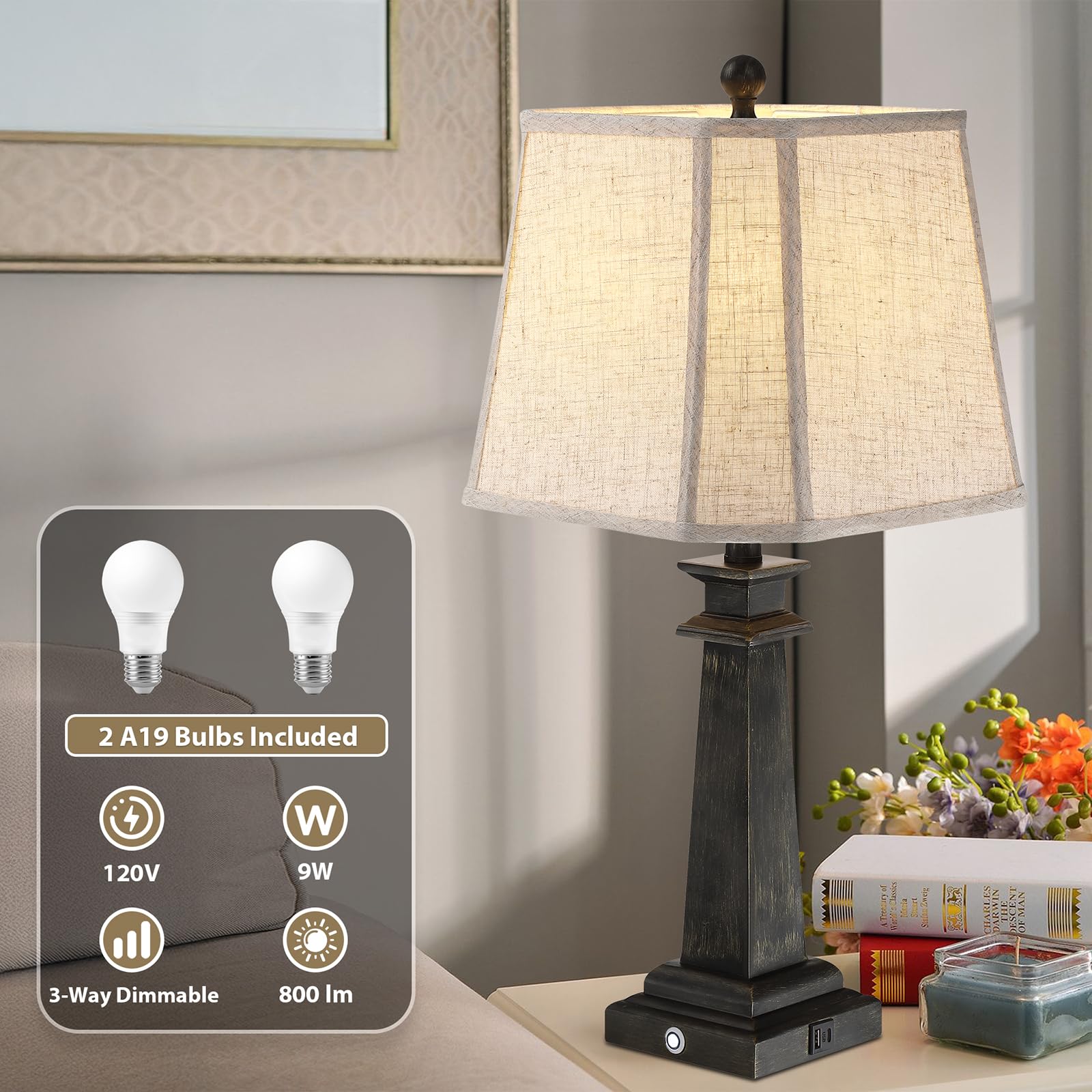 Hapcrea 27.5 Table Lamps Set Of 2, 3-Way Dimmable Touch Lamps For Nightstand, Farmhouse Table Lamp For Living Room And Bedroom W