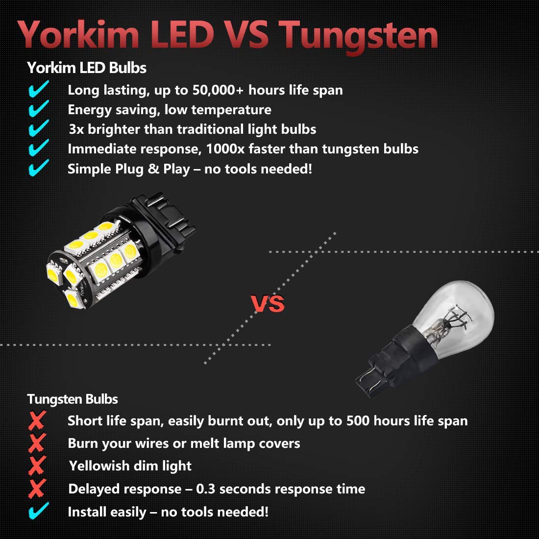 Yorkim LED Light Bulbs, Super Bright, 3157/3156 Size, White, Model 13, Pack of 10 for Brake and Reverse Lights