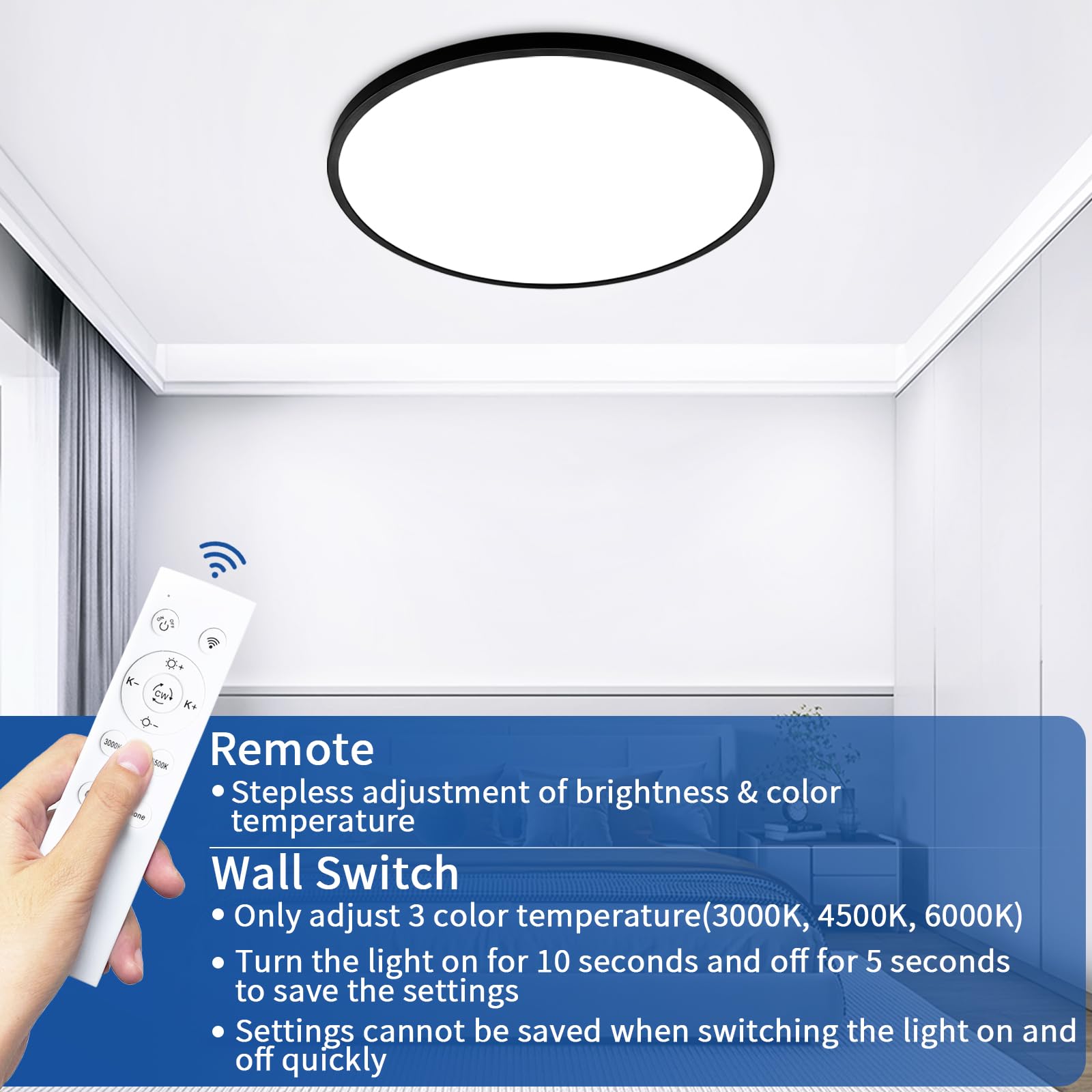Glowall 20 Inch Black Led Ceiling Light, Dimmable With Remote Control, Modern, Ultra Thin Flush Mount, Round Light Fixtures, 48W, 4800 Lumen, For Bedroom, Living Room, Kitchen, Dining Room