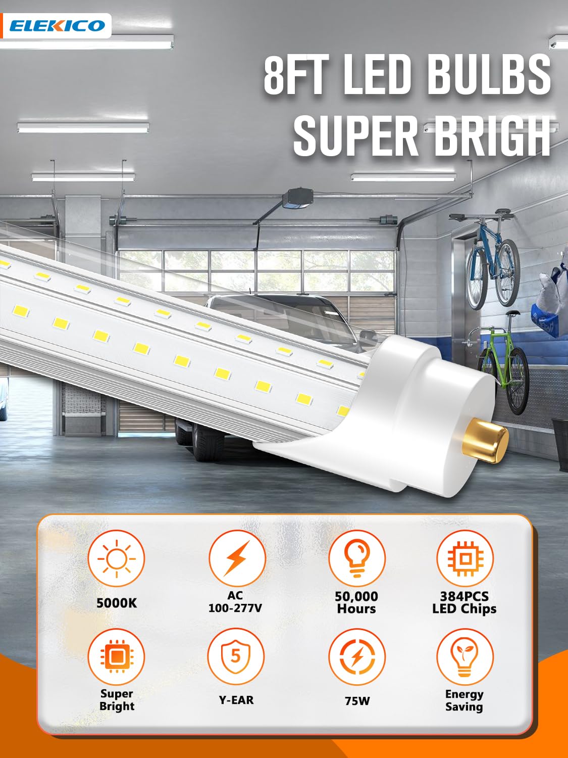 ELEKICO 75W 8ft LED Bulbs, 9500lm, 5000K V-Shaped Clear T8 Tube Lights, Pack of 10, White