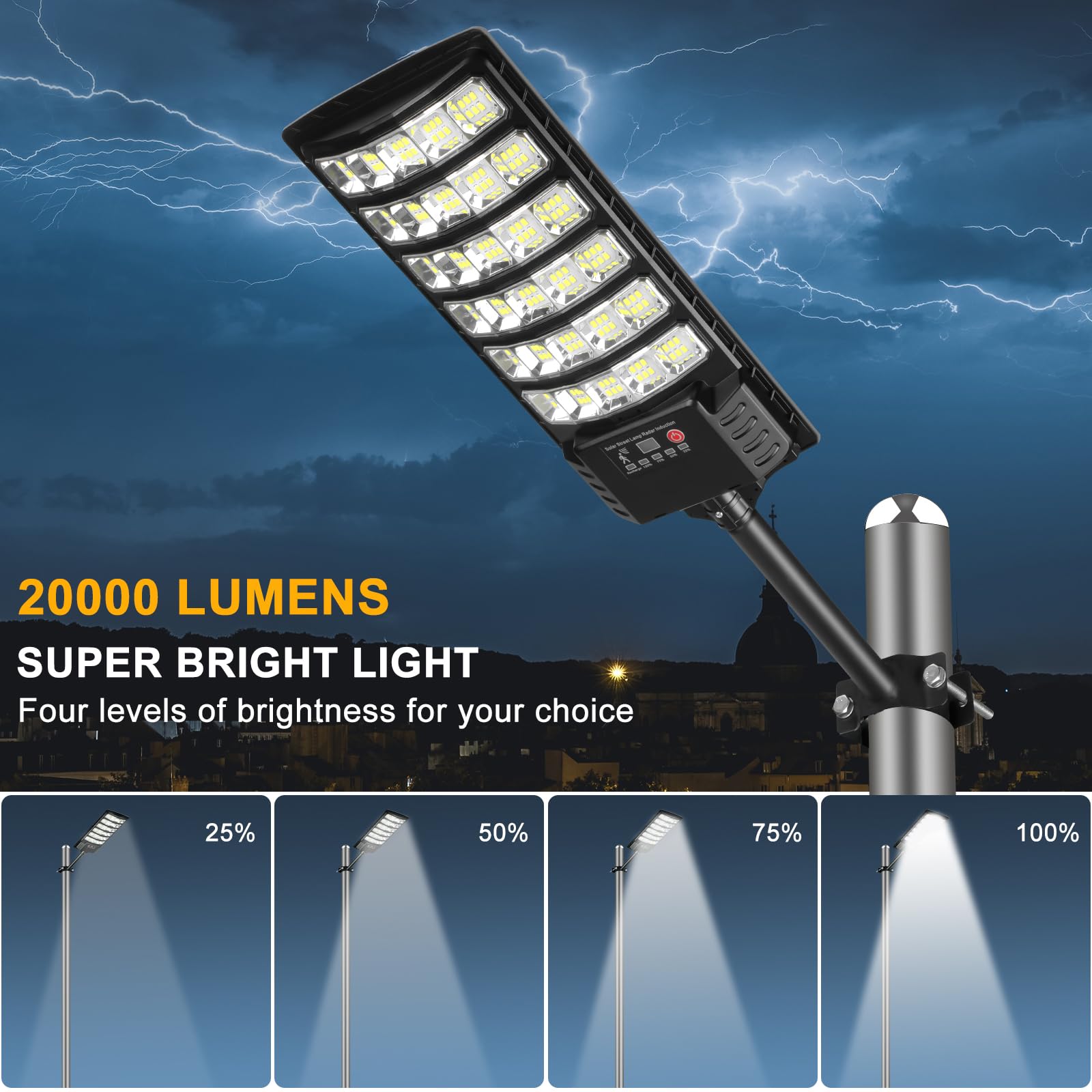 AITERMOND 4-Pack Solar Street Lights, 50000lm, IP66 Waterproof, Dusk to Dawn, 6500k, Remote Control, Black, Model AIT30G