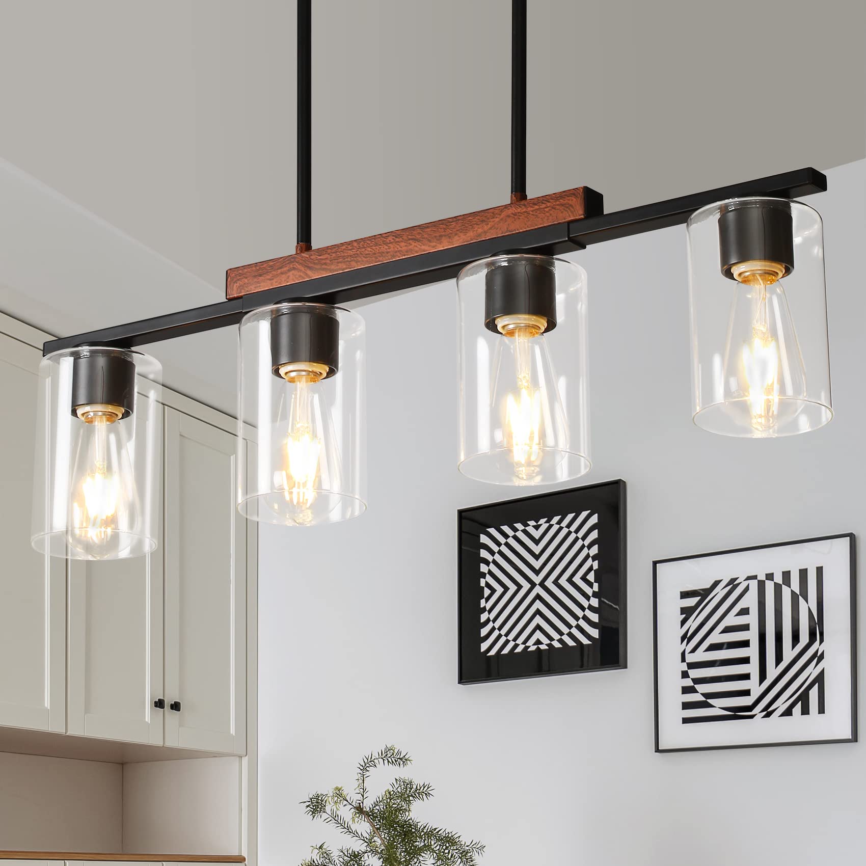 WILON 4-Light Kitchen Island Lighting Fixture, Rustic Black Chandelier with Clear Glass Shades, Model QLBD0055B