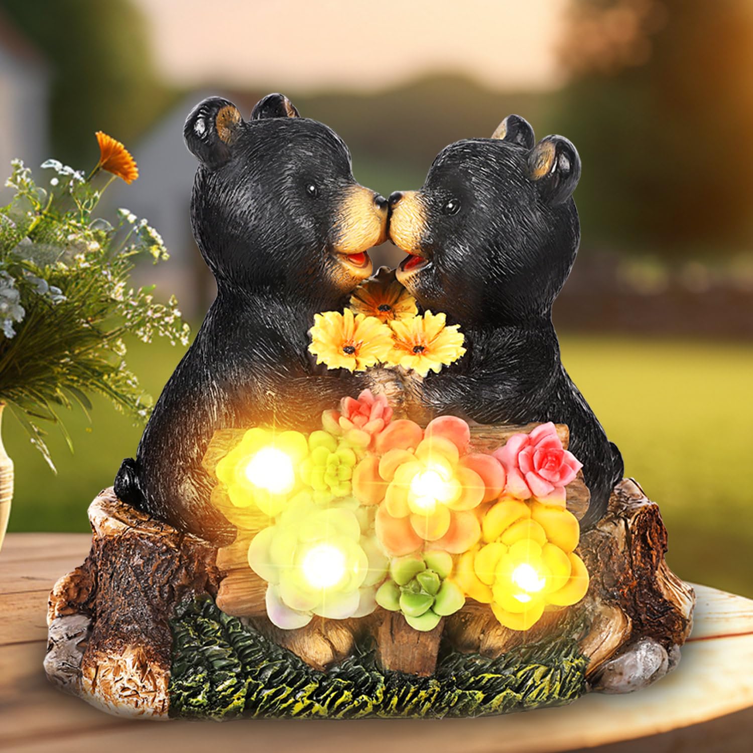 YHSOLAR Solar Bear Garden Statues,Waterprrof Bear Outdoor Decor Resin Black Bear Figurine for Yard and Garden,Gifts for Mom, Wom