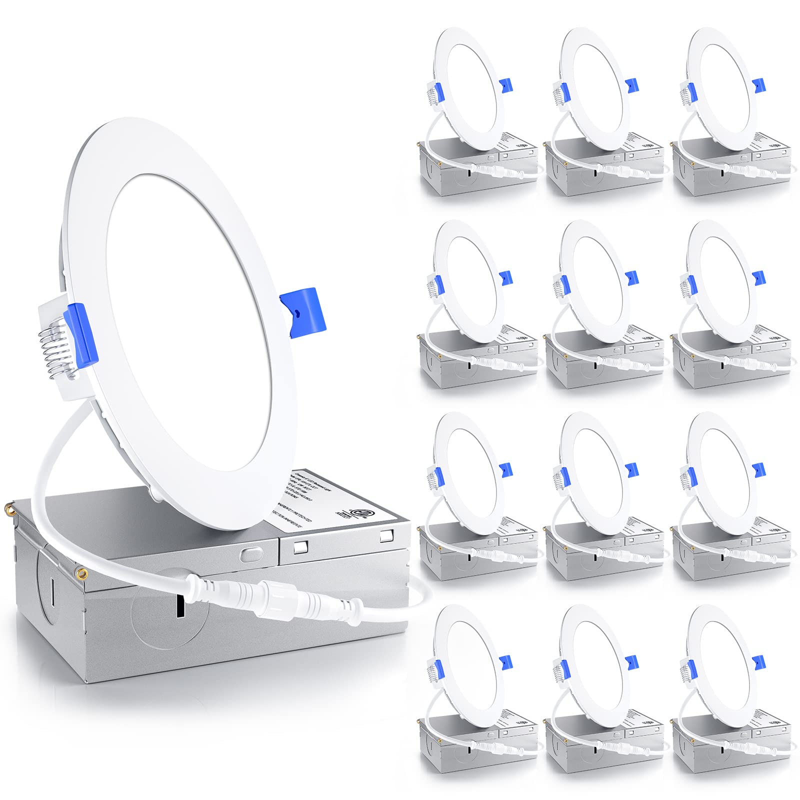 Ensenior 12 Pack 4 Inch LED Recessed Ceiling Light, Dimmable, 4000K Cool White, 750LM 9W 120V, High Brightness Canless Wafer Dow
