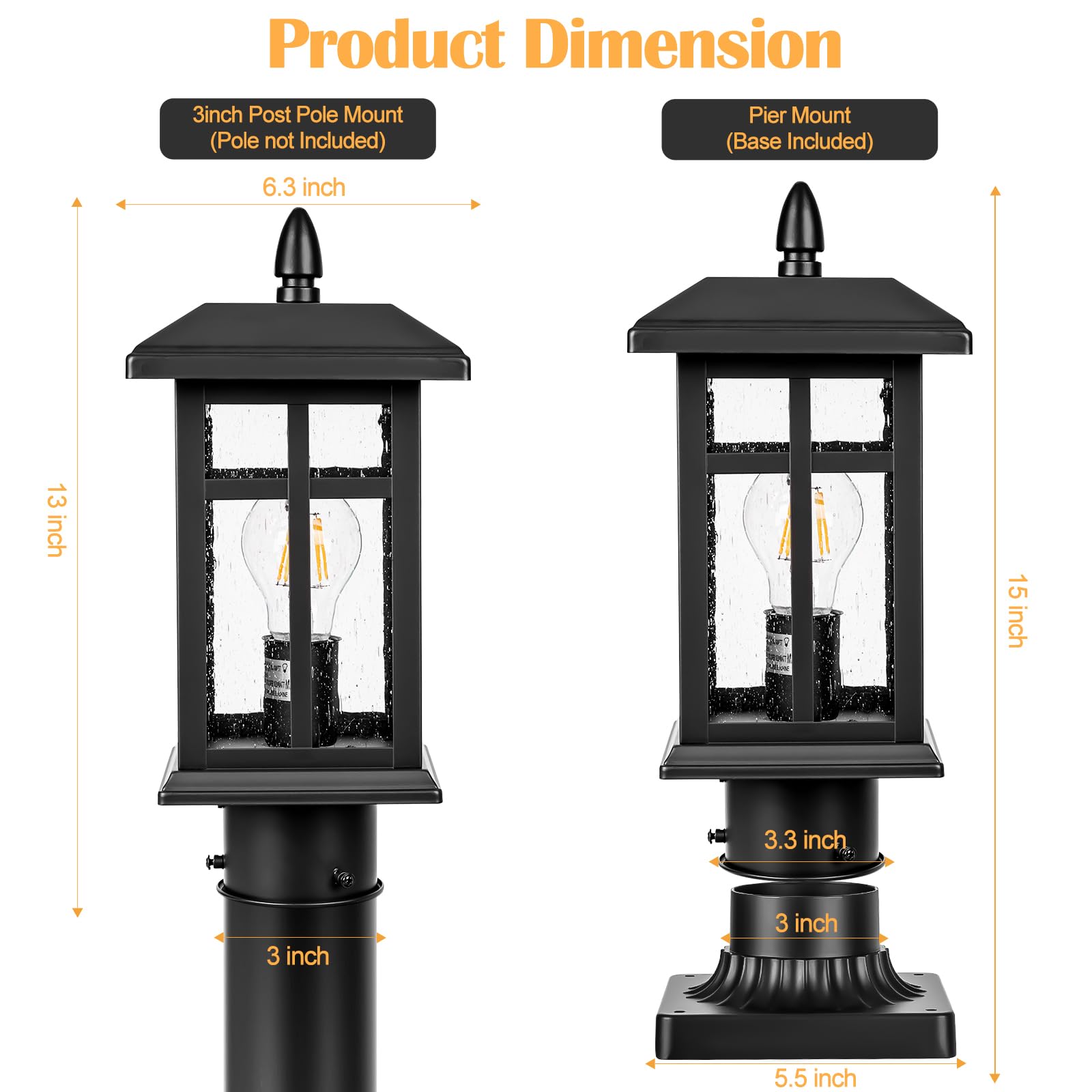 Brilvibera 2 Packs Outdoor Post Light, Black Pole Lantern Lighting Fixture With Pier Mount Base Hard Wired, Outdoor Column Lights Exterior Lamp Post Lantern With Glass For Garden Yard Patio Path