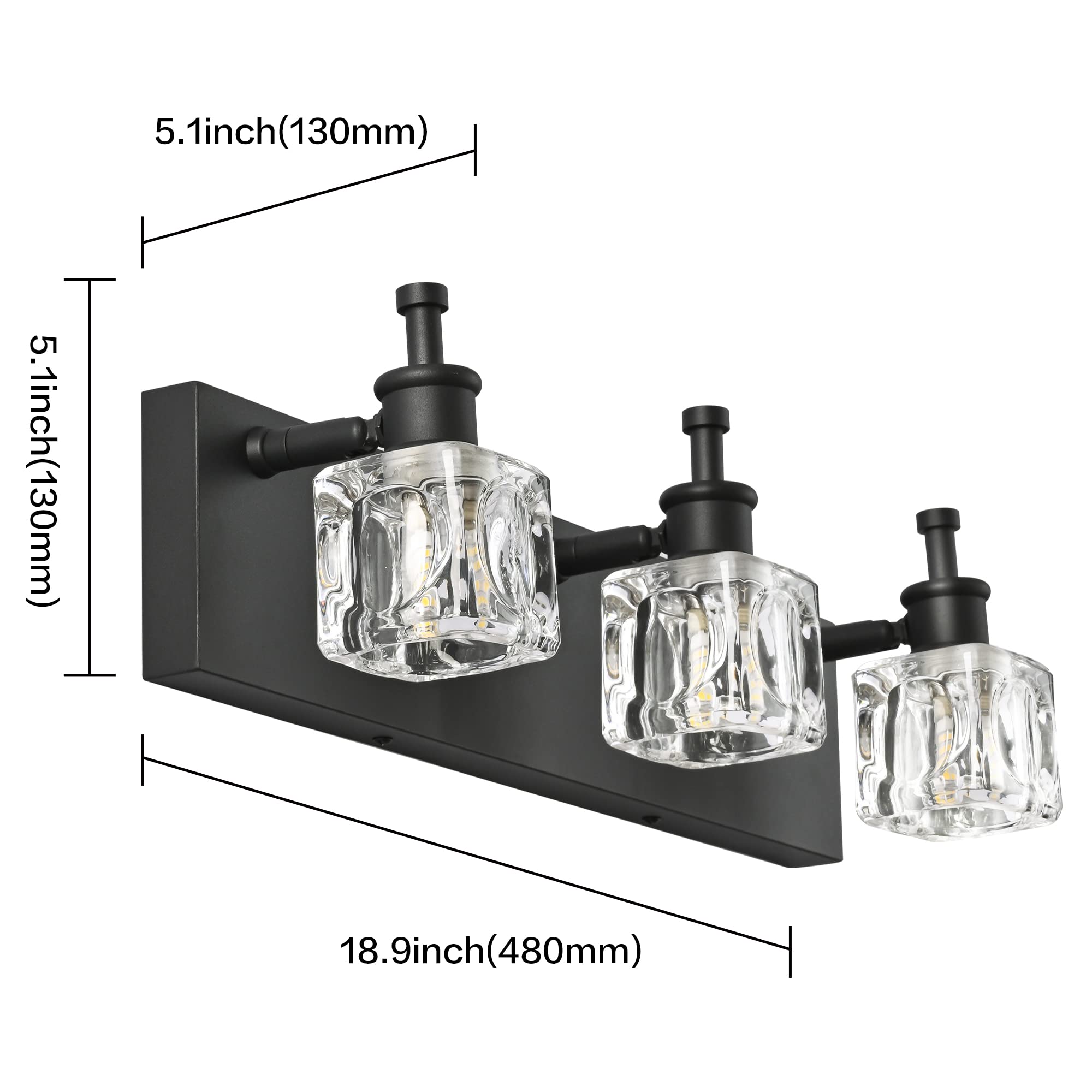 PRESDE Black Crystal Bathroom Light Fixtures, 3-Light Vanity Lighting, Metal Matt Black, Model HU-XI-201