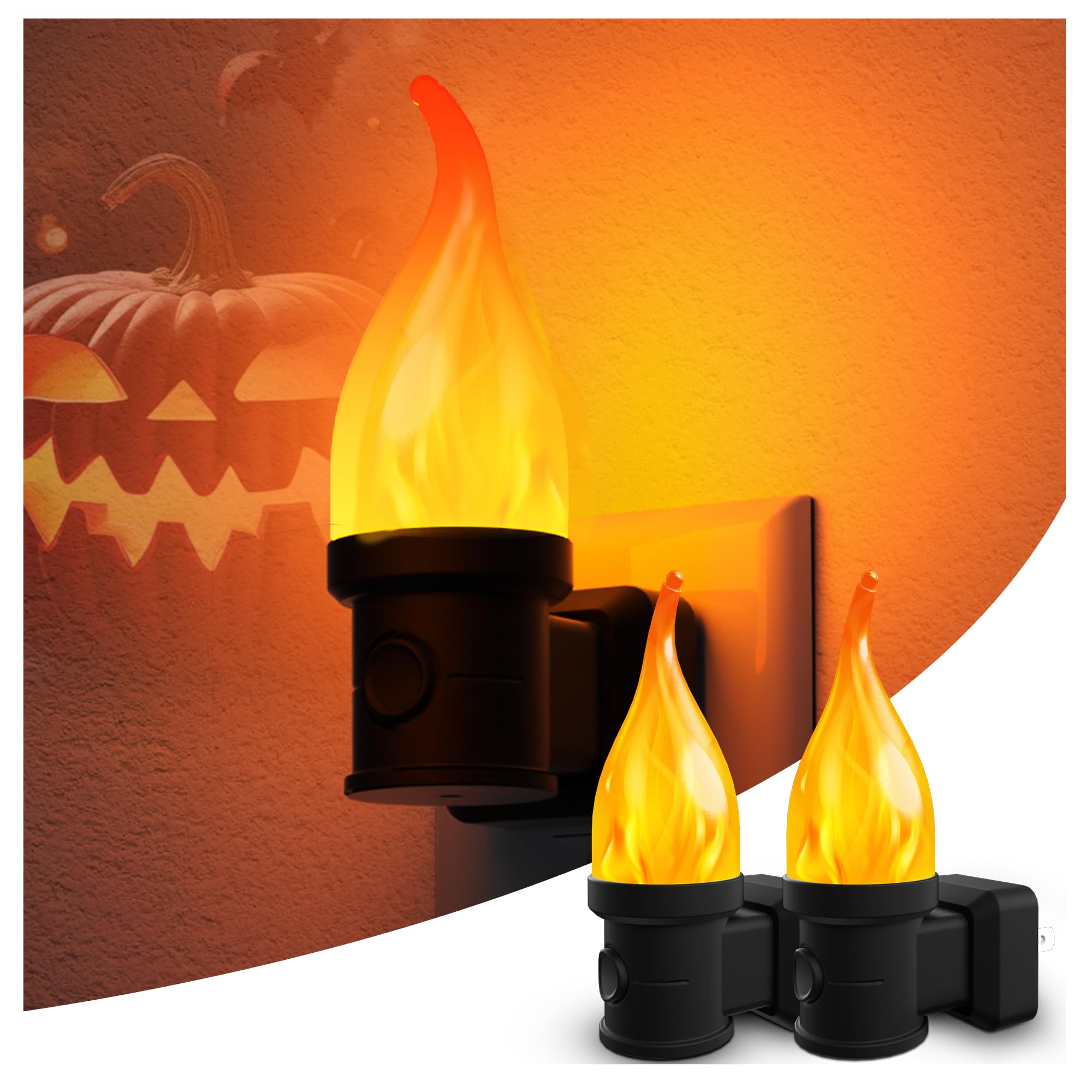 KINDEEP Flickering Candle Night Light, 2 Pack, Amber, Plug-in with Dusk to Dawn Sensor, Flameless for Home Decor and Halloween