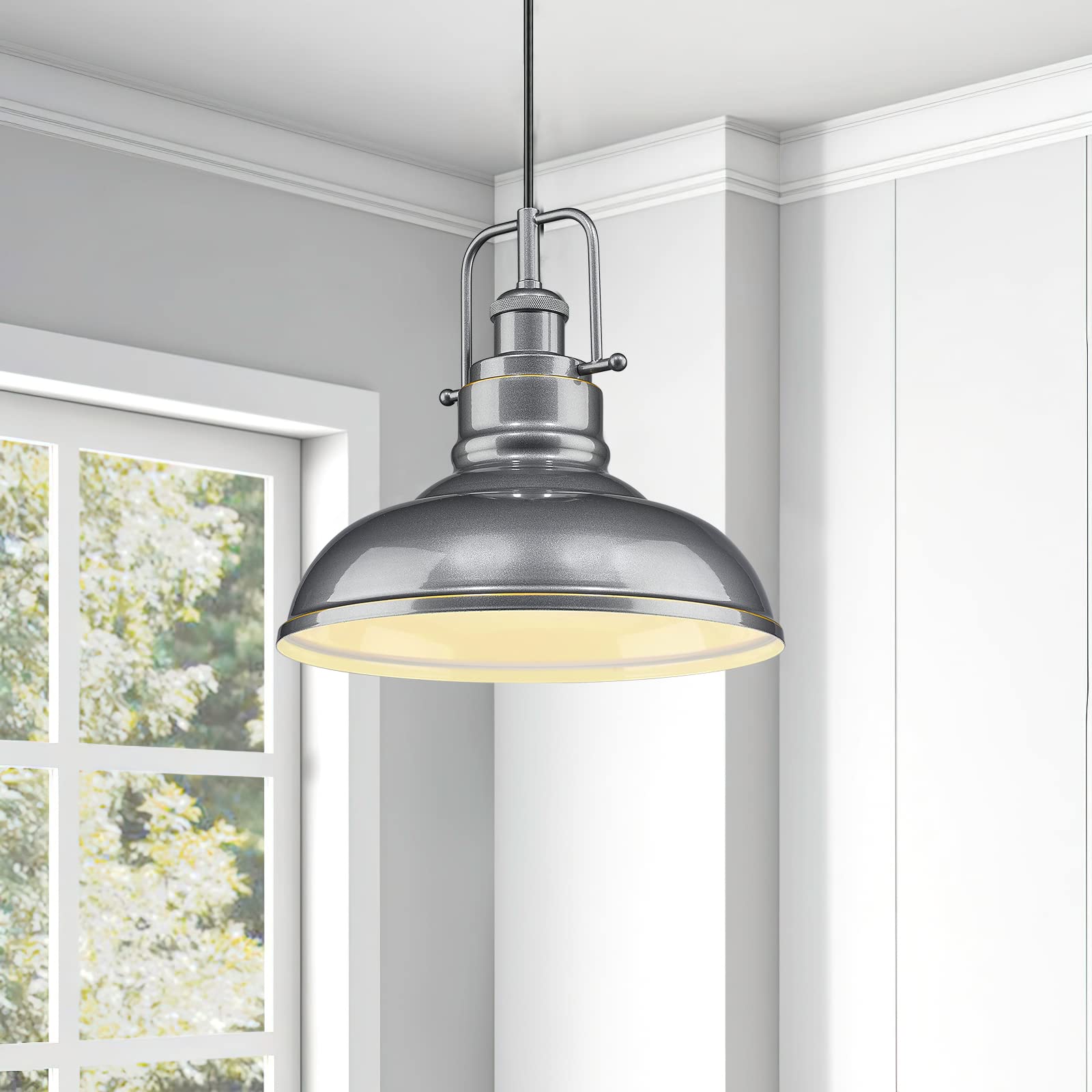 Zeyu 1-Light Industrial Pendant Light, Modern Ceiling Hanging Light Fixture For Kitchen Island Bedroom, Metal Dome Shade, Gray F