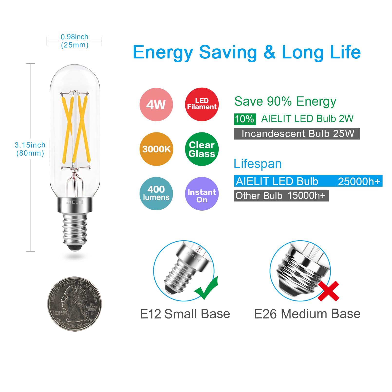 AIELIT T8 LED Light Bulb, Dimmable 4W, Soft White 3000K, Glass, 4-Pack