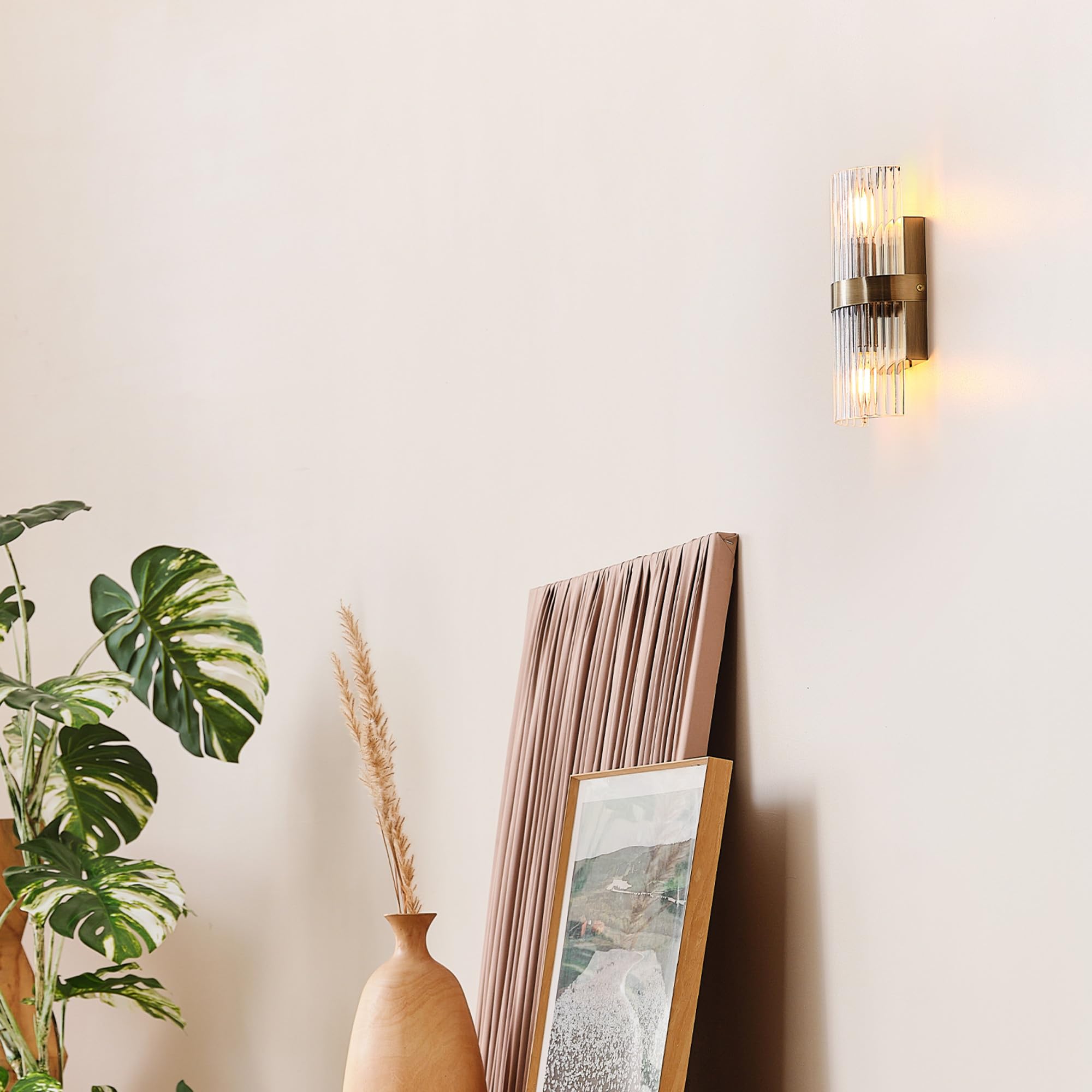 Globe Electric 65000046 2-Light Wall Sconce, Matte Brass, Ribbed Glass Shade, E12 Base Sockets, Wall-Lamp Dimmable, Lights For B