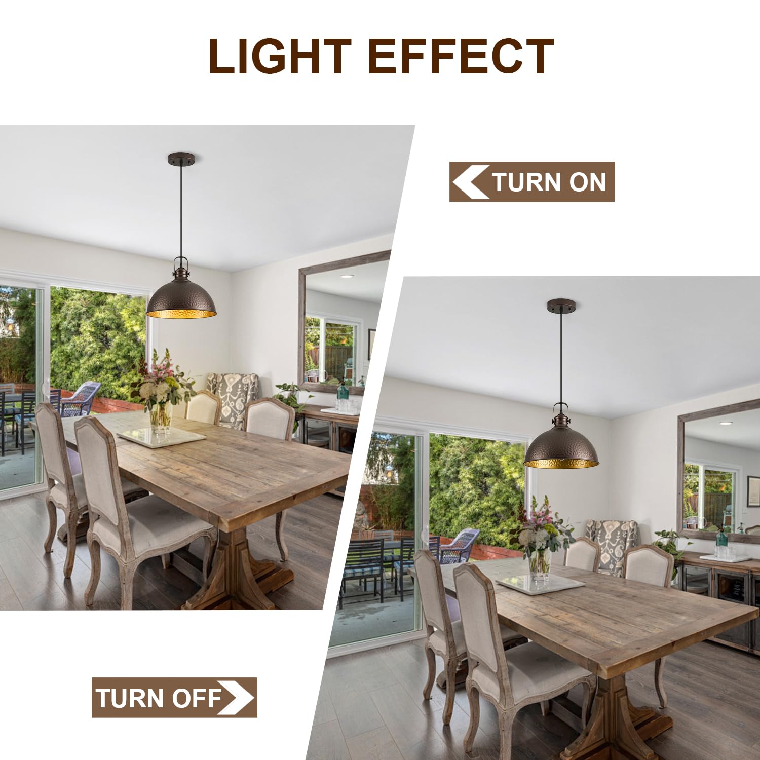 Refice Farmhouse Pendant Lights, Hammered Metal Shade, Oil Rubbed Bronze, 2 Pack, Adjustable Height, Model FCD005-2-ORB