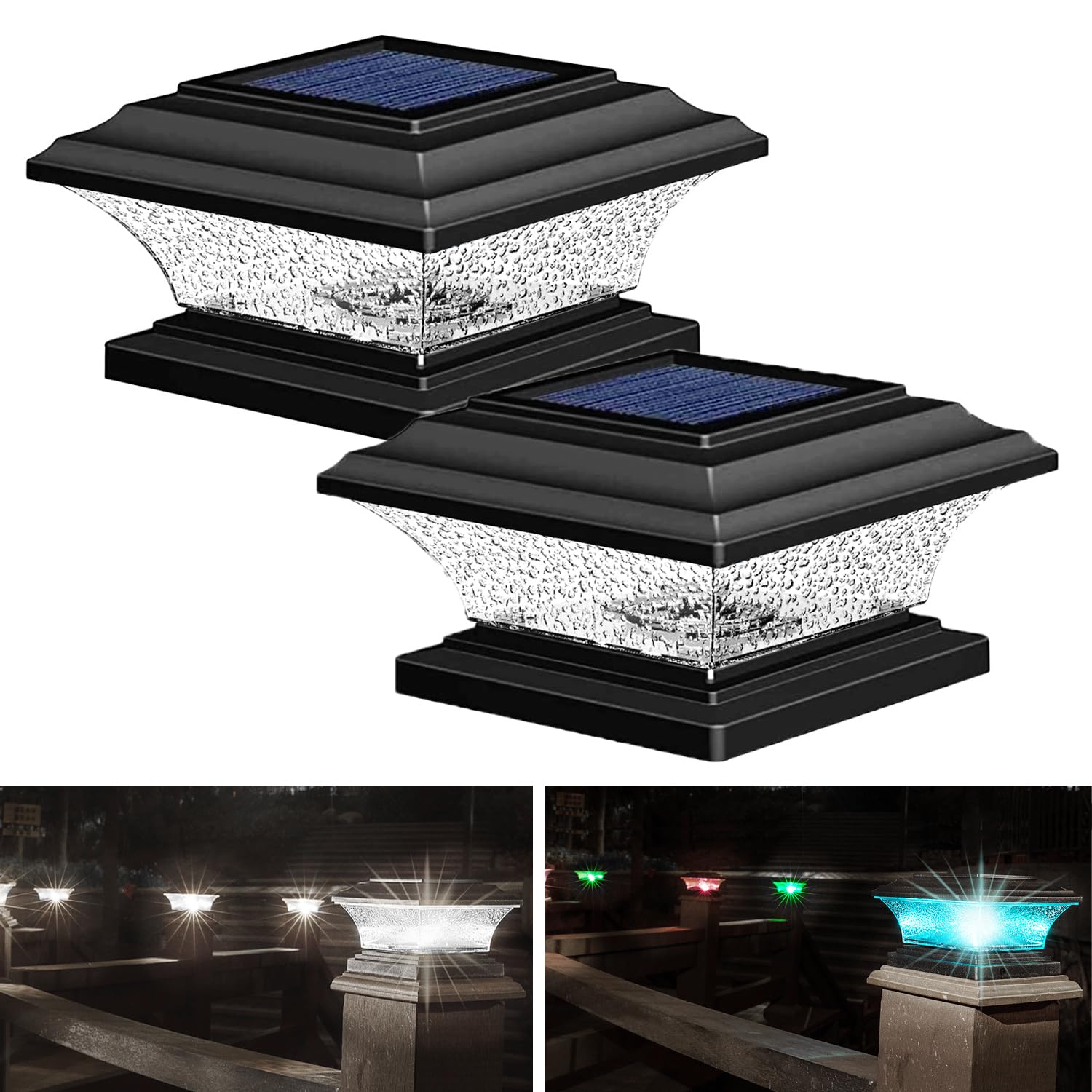 HUYIENO Solar Post Cap Lights - LED Deck Fence Light with 9 Modes, 2pk, Black, for 4x4 & 5x5 Wooden Posts, Model HY1238