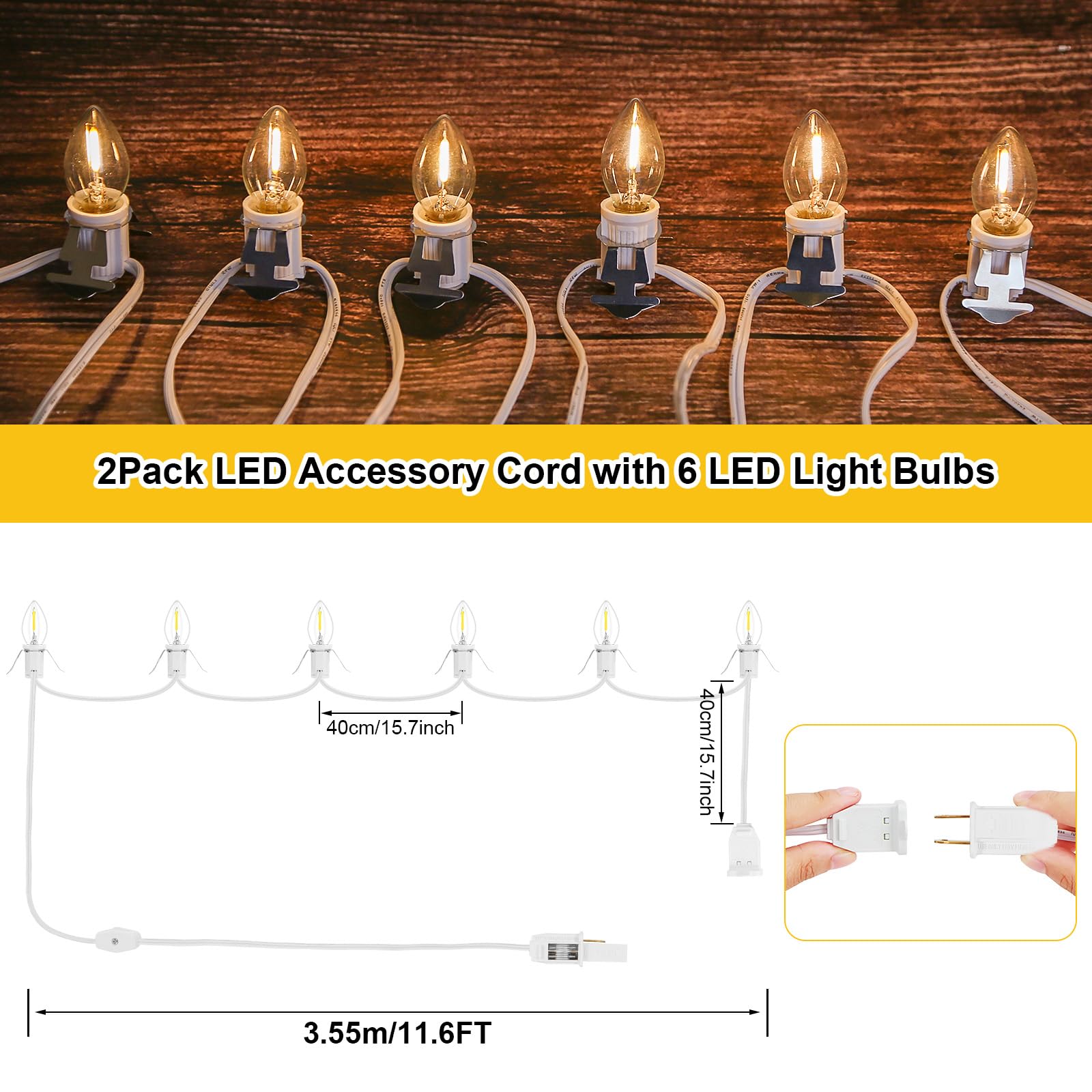 2Pack Accessory Cord With 12 Led Light Bulbs And Outlet Christmas Village Light 11.6Ft White Cord With Spare Fuse Warm White C7 Lamp For Halloween Pumpkins Christmas Village Houses Craft Decoration