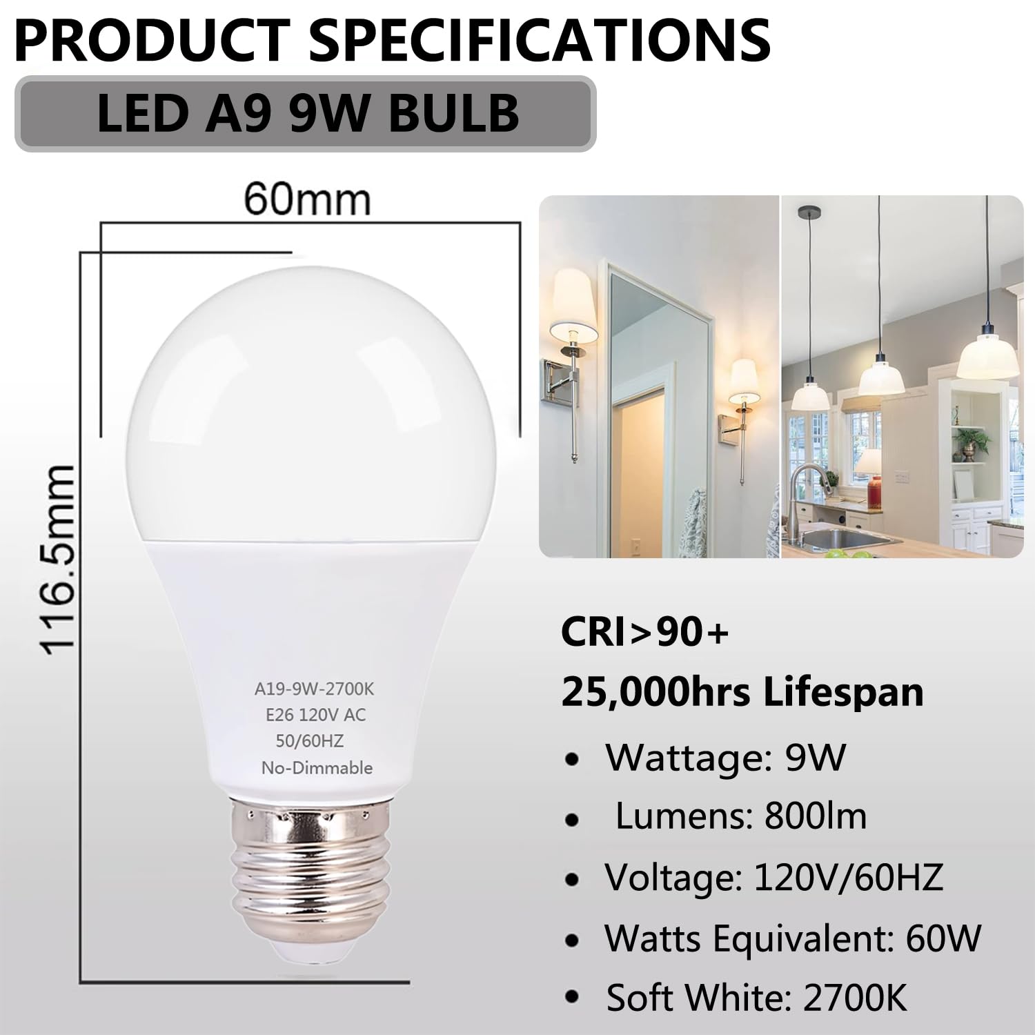 Zwwyvv Led Light Bulb,A19 60 Watt Equivalent, Energy Efficient 9W,800 Lumens, 2700K Soft White, Non-Dimmable, 25,000 Hour Lifeti