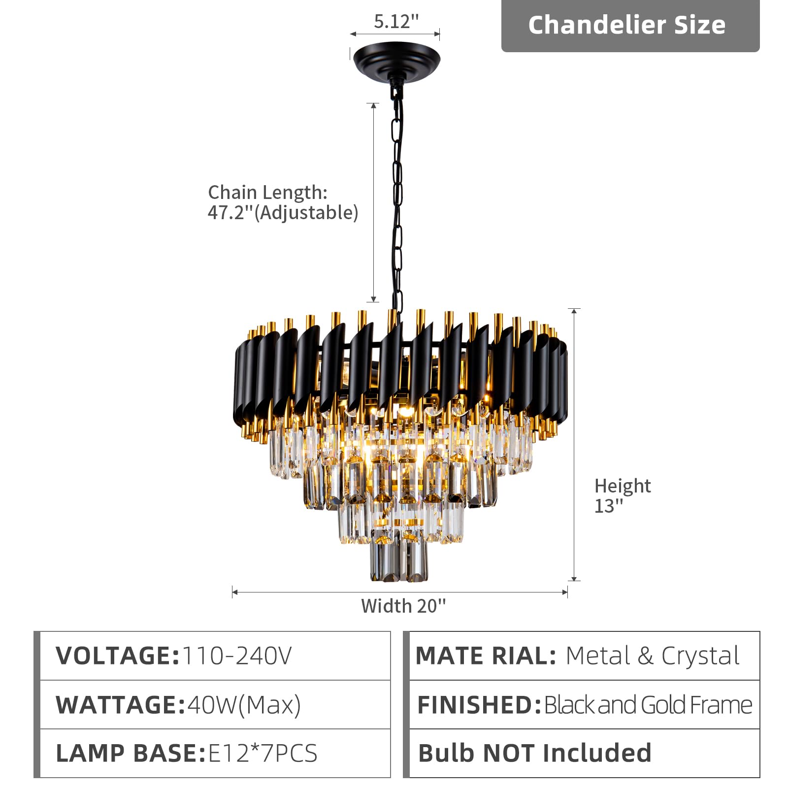 Aixialin 7-Light Modern Crystal Chandelier, 20" Round, Smoke Grey and Gold, Flush Mount, Ideal for Dining Room, Living Room, Kitchen